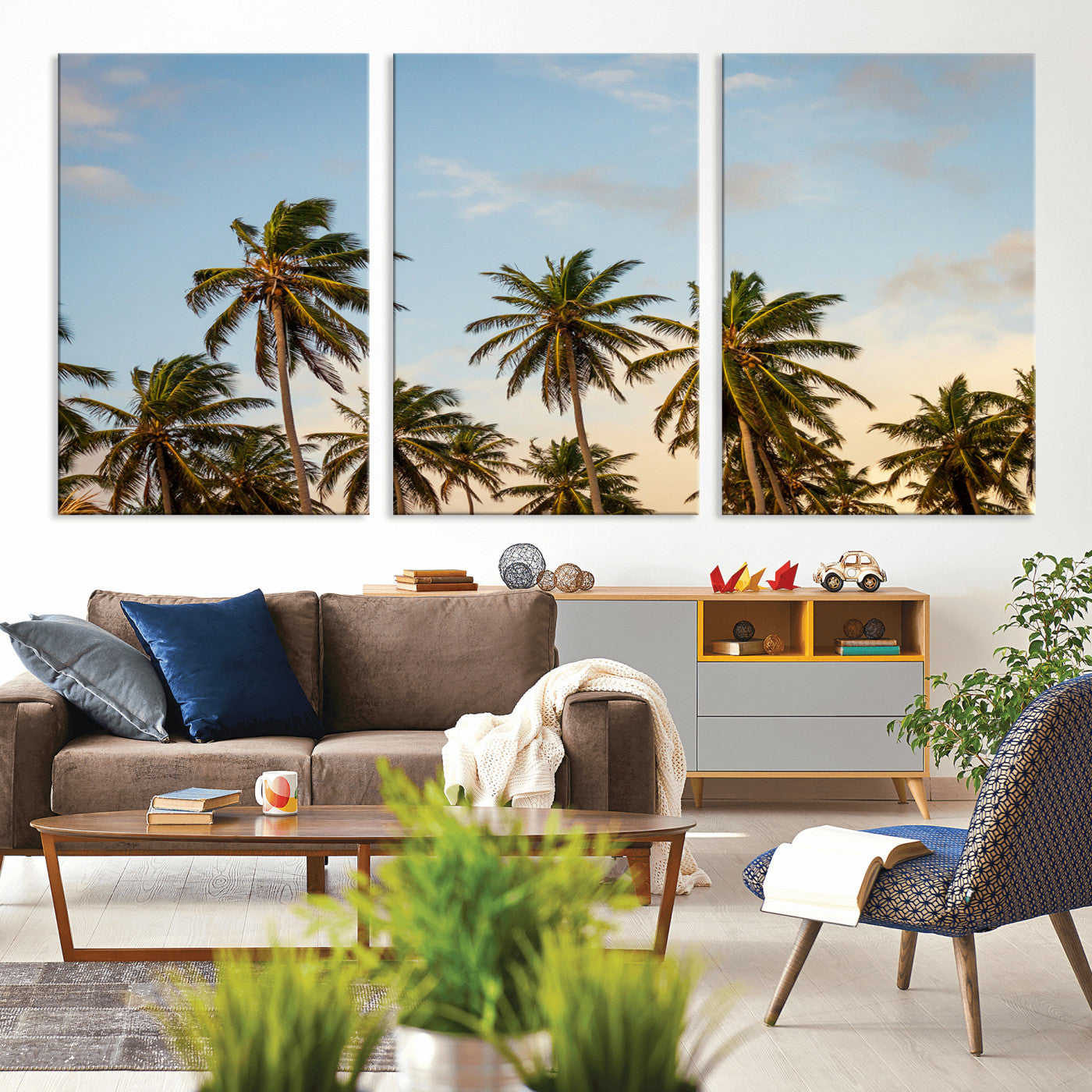 MGV-CV-60X30-3P - Palm Trees Wall Art Canvas Print, Framed Tropical Vibes Art Picture Print, Coastal Sunset Perfect Coastal Boho Decor Artwork