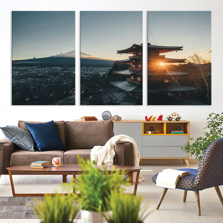 Chureito Pagoda at sunset with Mount Fuji in the background, city lights below, and golden sun rays, ideal for Japanese-inspired wall art.