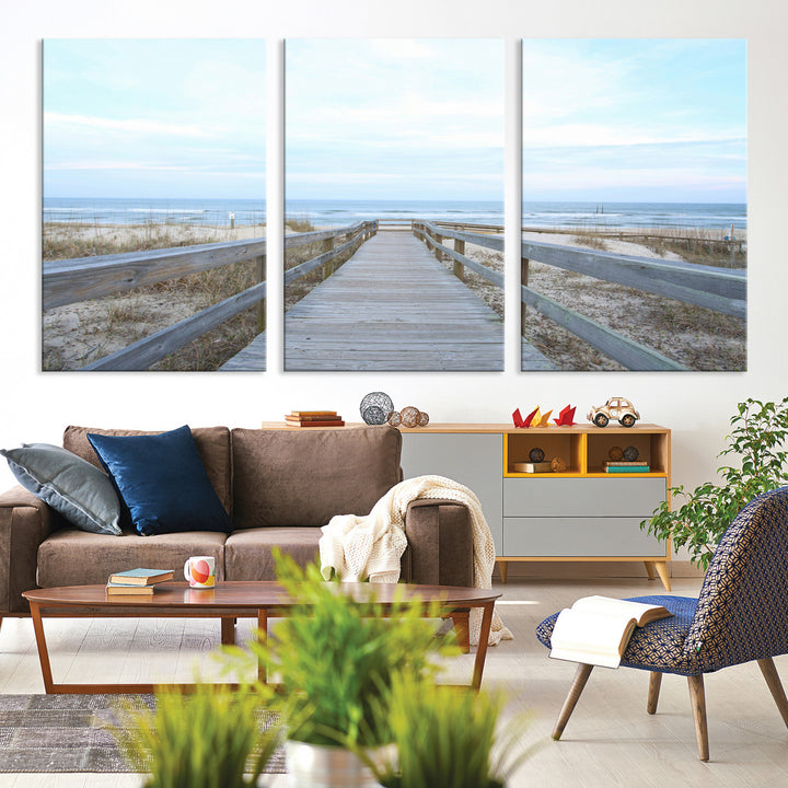 Beach Boardwalk Wall Art Canvas Print, Framed Coastal Serenity Art Picture Print, Ocean View Perfect Coastal Decor Artwork