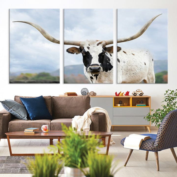 Texas Longhorn Wall Art Canvas Print, Framed Western Rustic Art Picture Print, Farmhouse Decor Perfect Farmhouse Decor Artwork