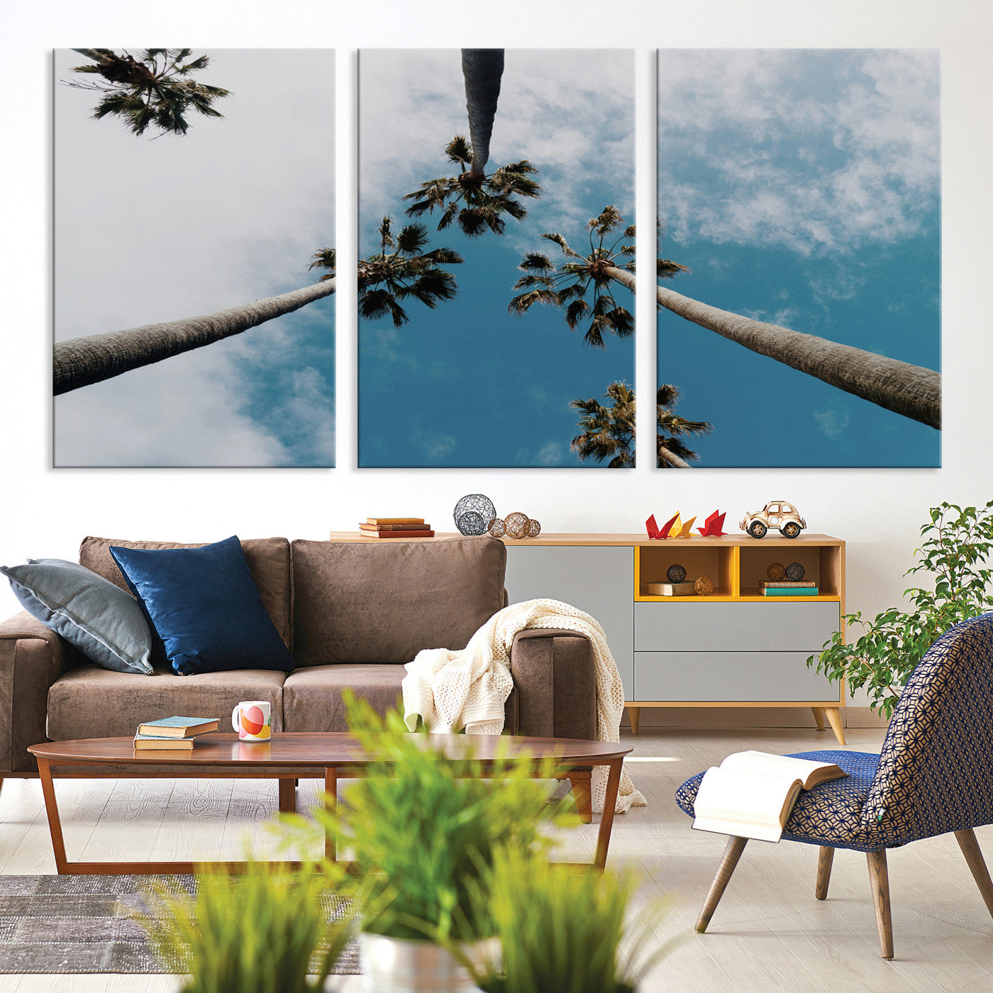 45236398-MGV-CV-36X24-Tropical Palm Trees Wall Art Canvas Print, Framed California Sky Art Picture Print, Minimalist Nature Perfect Coastal Minimalist Decor