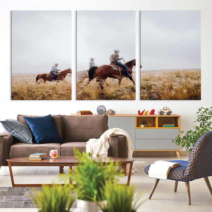 Three cowboys riding horses through a foggy prairie landscape, dressed in Western attire, evoking a rustic and adventurous Wild West aesthetic.