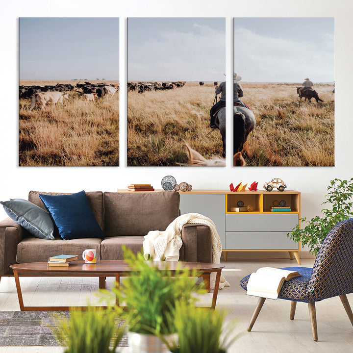 A cowboy and cowgirl on horseback herding cattle through golden grasslands, capturing a rustic and authentic Western ranch lifestyle.