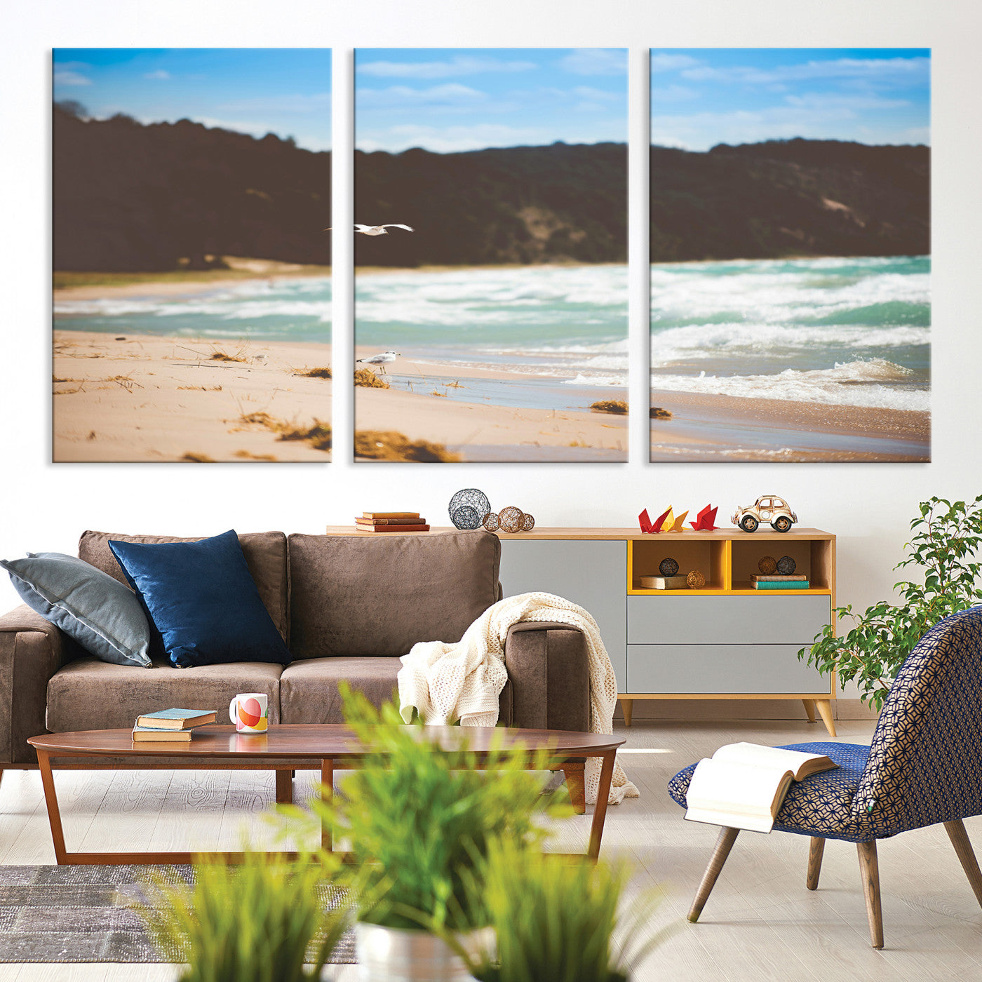 84260965-MGV-CV-36X24-Tranquil Beach Scene Wall Art Canvas Print, Framed Blue Ocean Waves Art Picture Print, Sandy Coastline Perfect Coastal Cottage Decor Artwork