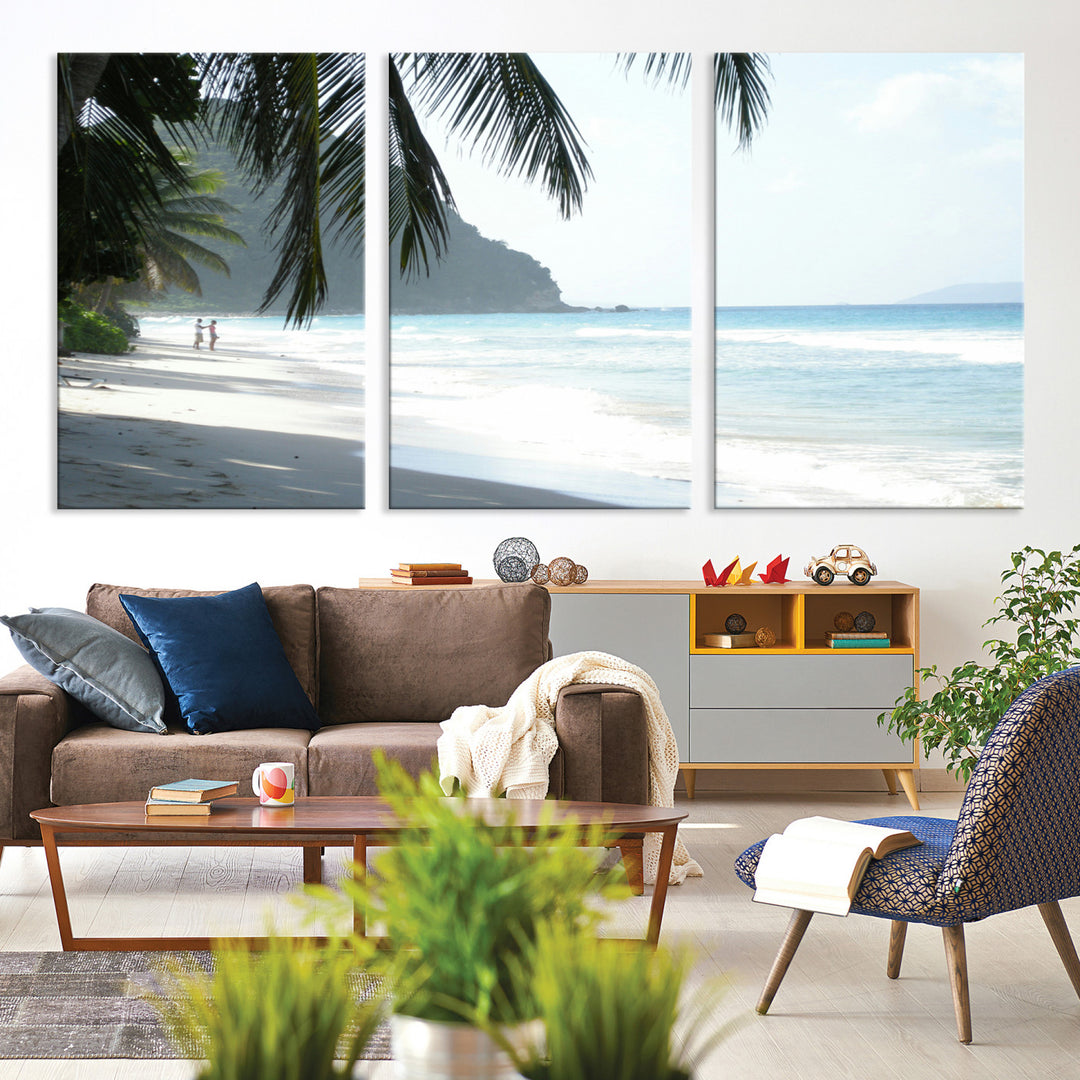 Tropical beach with palm tree shadows, white sand, and turquoise ocean waves, creating a serene and relaxing island escape atmosphere.