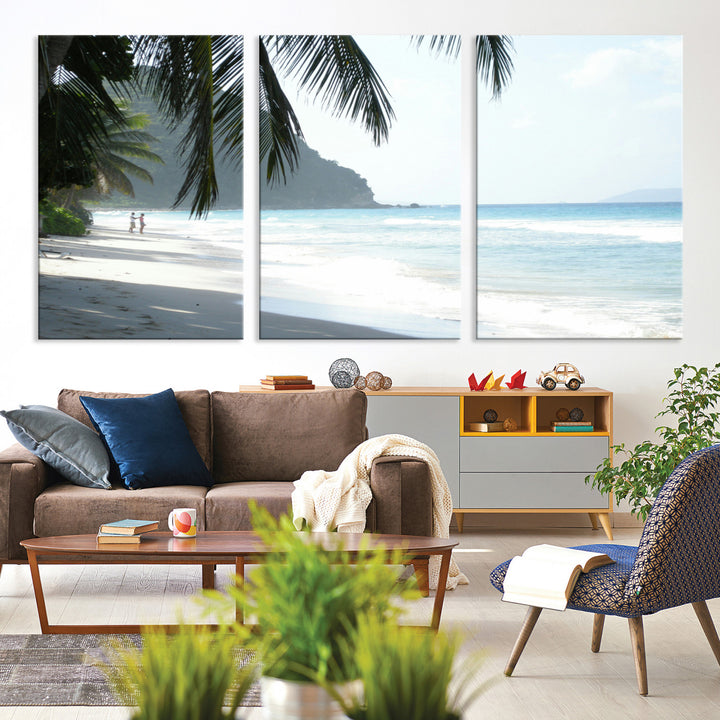 Tropical beach with palm tree shadows, white sand, and turquoise ocean waves, creating a serene and relaxing island escape atmosphere.