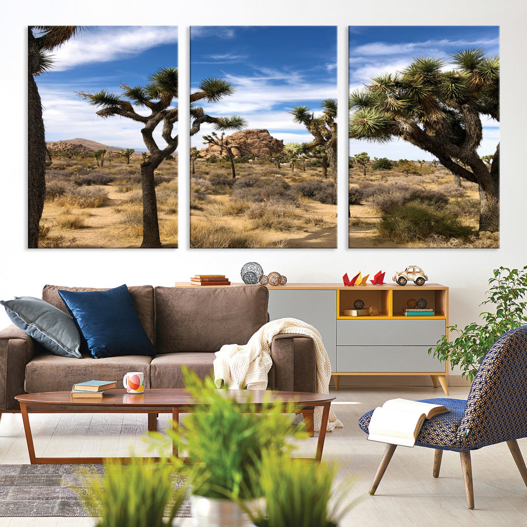 Scenic Joshua Tree landscape with rugged desert terrain, golden dry grass, and a deep blue sky, creating a warm, rustic Southwestern aesthetic.