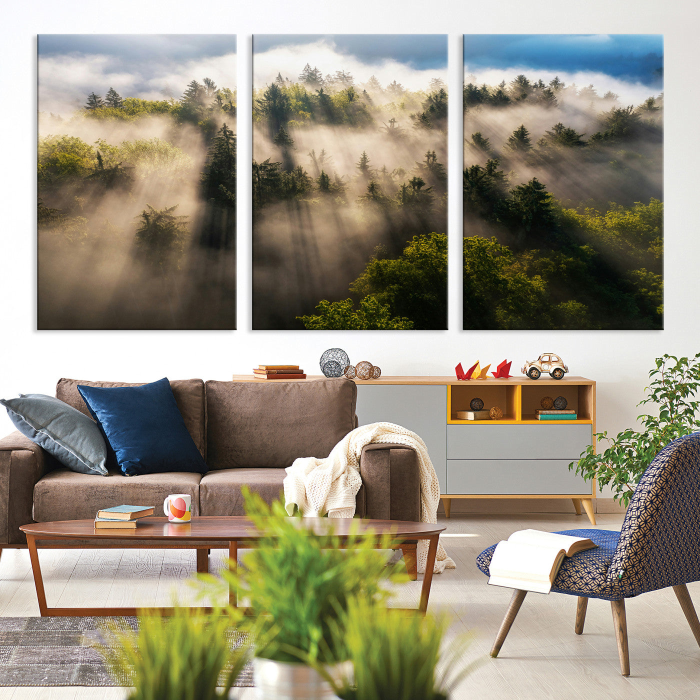 14785710-MGV-CV-36X24-Tranquil Forest Scene Wall Art Canvas Print, Framed Sunbeam Through Trees Art Picture Print, Moody Green Wall Art Perfect Scandinavian