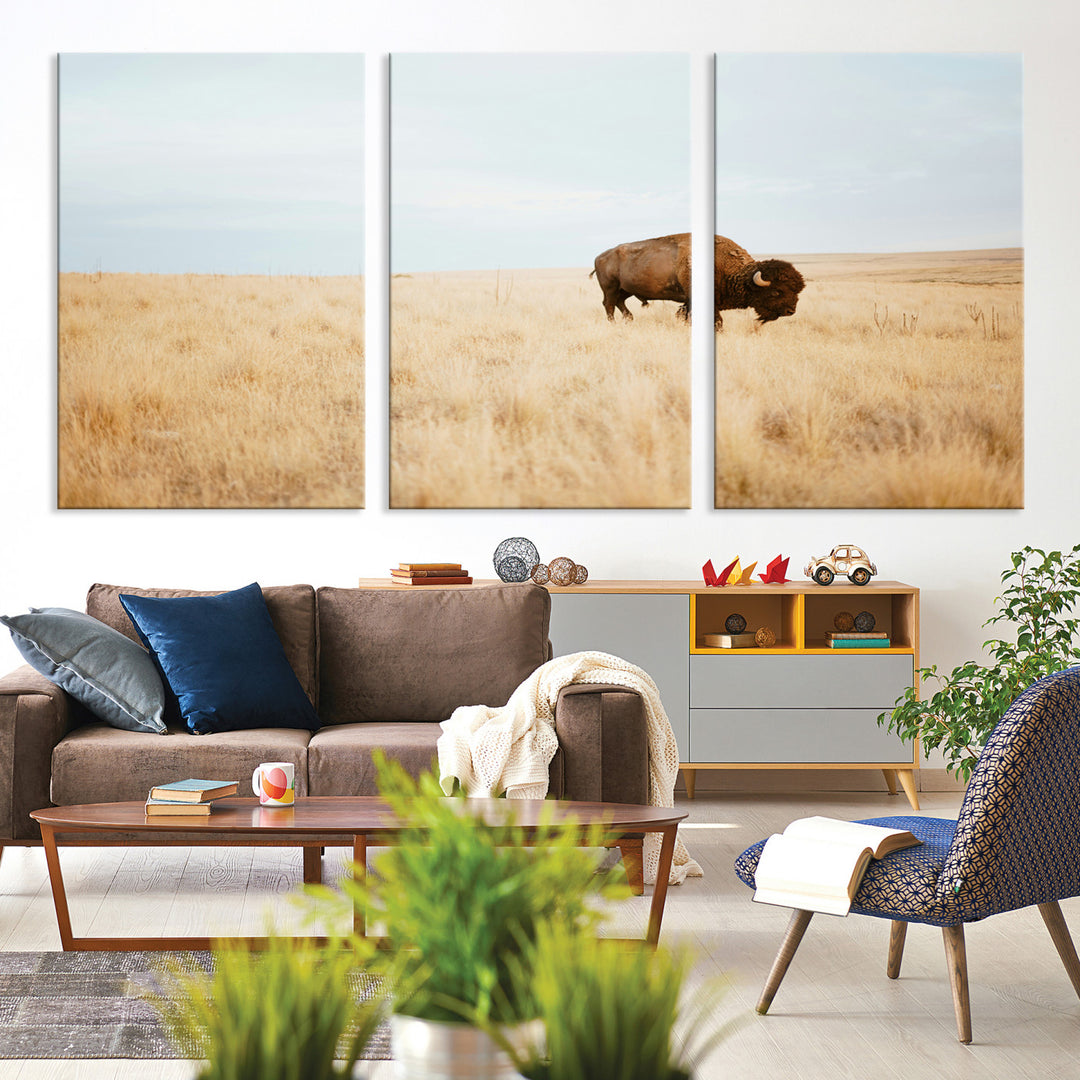 A lone bison standing in a vast golden grassland under a soft blue sky, evoking a rustic and Western aesthetic, ideal for farmhouse decor.
