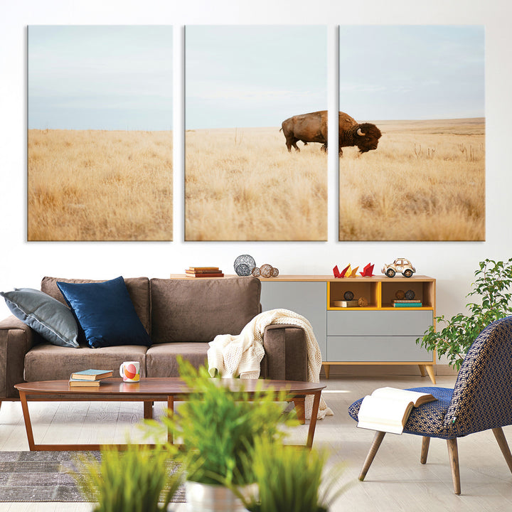 A lone bison standing in a vast golden grassland under a soft blue sky, evoking a rustic and Western aesthetic, ideal for farmhouse decor.