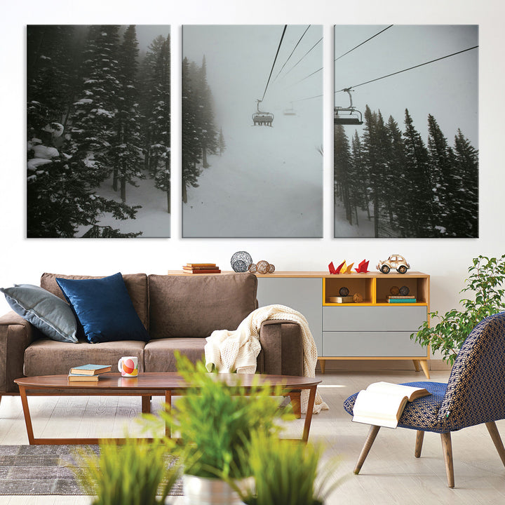 Ski Lift Wall Art Canvas Print, Framed Snowy Pines Art Picture Print, Misty Landscape Perfect Winter Serenity Decor Artwork