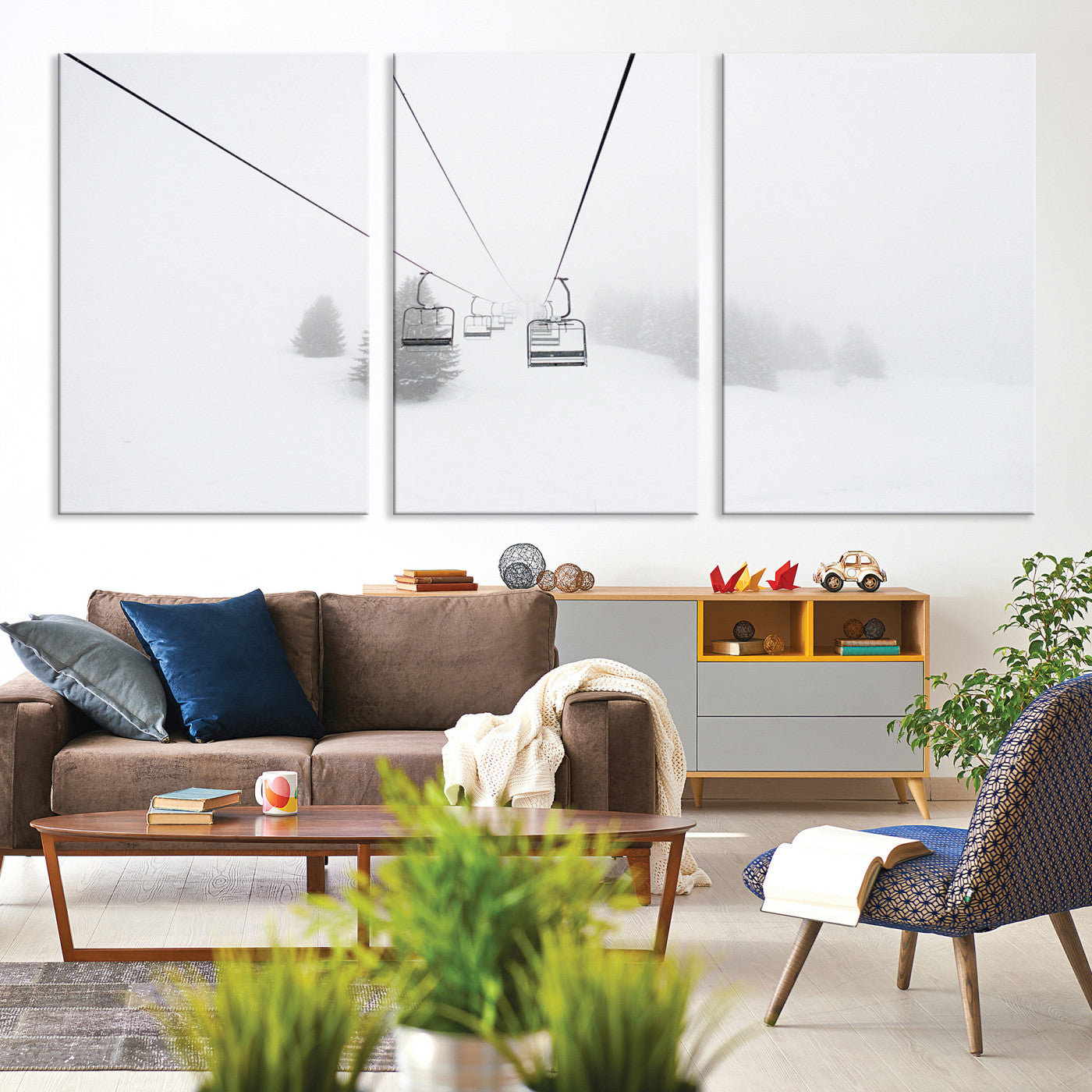 20216390-MGV-CV-36X24-Ski Lift Print Wall Art Canvas, Framed Snowy Landscape Art Picture Print, Alpine Adventure Perfect Nordic Minimalist Decor Artwork