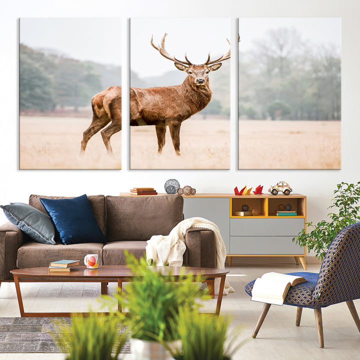 Vintage Wildlife Canvas Print, Framed Misty Landscape Art Picture Print, Deer Wall Art Perfect Rustic Wildlife Decor Artwork