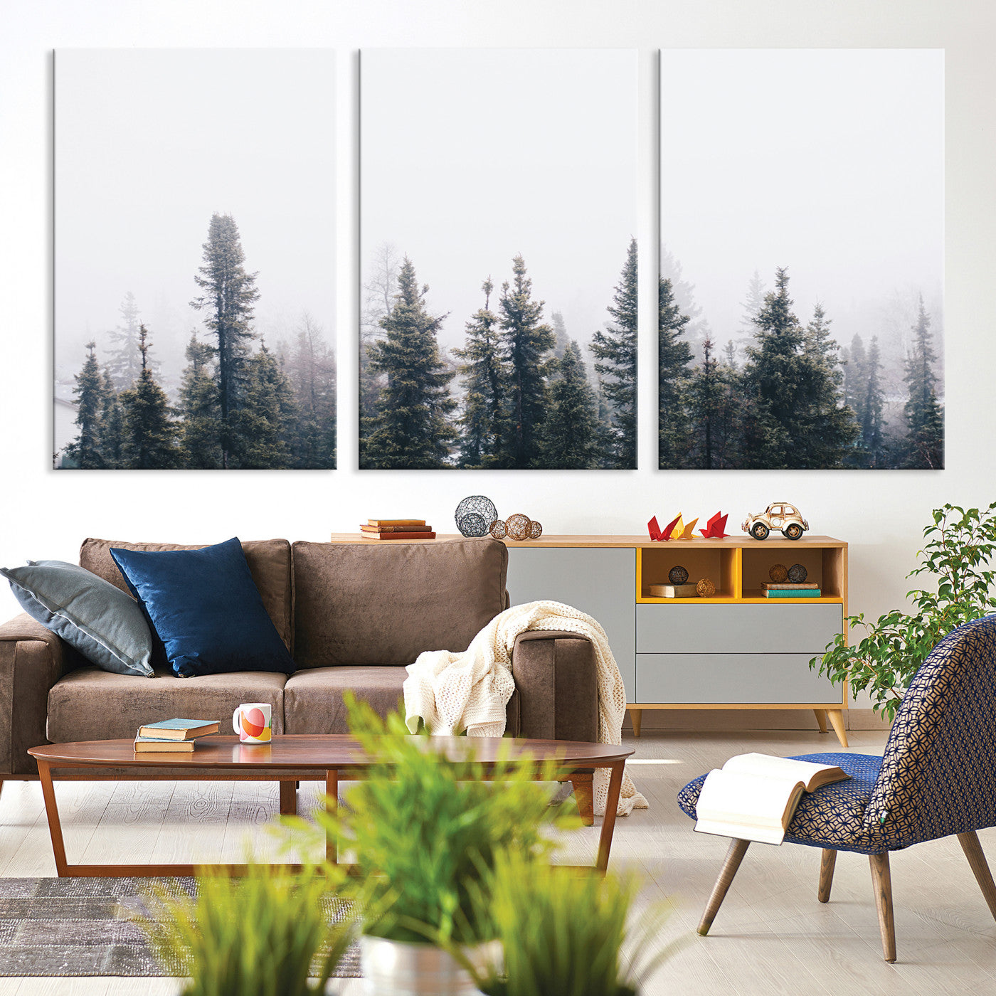 42364796-MGV-CV-36X24-Foggy Forest Wall Art Canvas Print, Framed Misty Pines Art Picture Print, Moody Woodland Perfect Scandinavian Minimalist Decor Artwork
