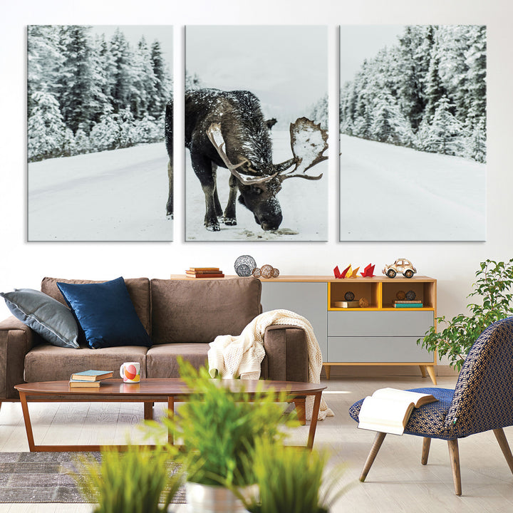Moose in Snow Wall Art Canvas Print, Framed Winter Wildlife Art Picture Print, Snowy Forest Scene Perfect Rustic Lodge Decor Artwork