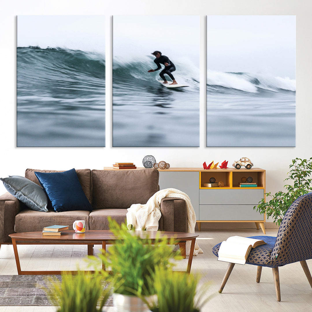 Surfer on Wave Wall Art Canvas Print, Ocean Adventure Print, Framed Motion Blur Water Art Print, Large Deep Blue Surf Printing