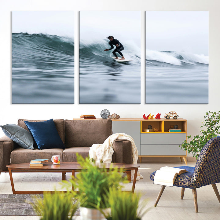 Surfer on Wave Wall Art Canvas Print, Ocean Adventure Print, Framed Motion Blur Water Art Print, Large Deep Blue Surf Printing