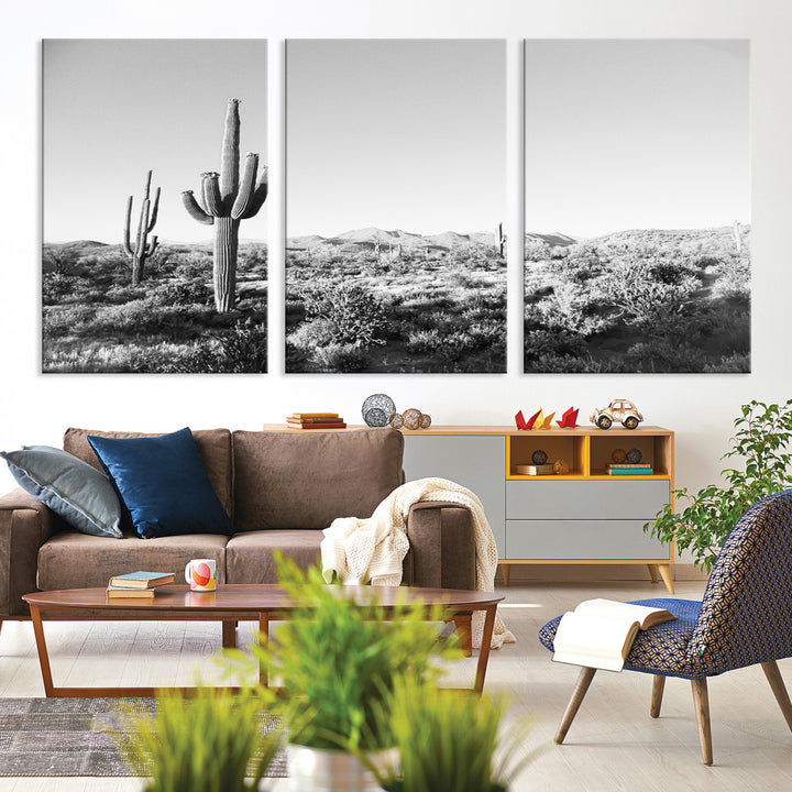 Saguaro Cactus Wall Art Canvas Print, Monochrome Landscape Print, Framed Scenic Arizona Art Print, Large Timeless Western Aesthetic Printing