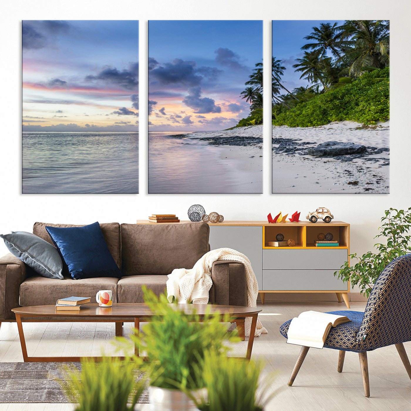 MGV-CV-60X30-3P - Tropical Beach Wall Art Canvas Print, Framed Sunset Glow Art Picture Print, Palm Tree Coast Perfect Tropical Coastal Decor Artwork
