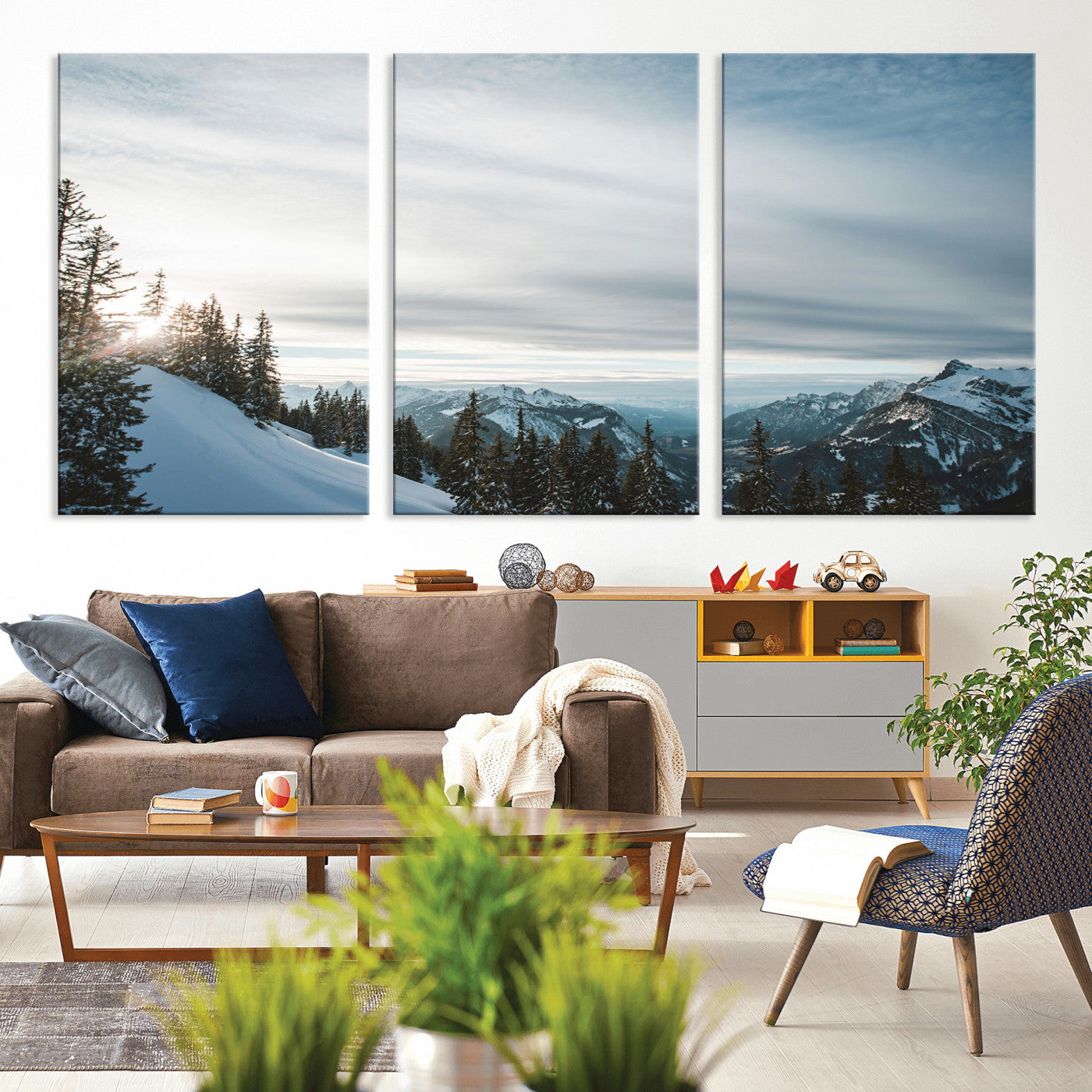 MGV-CV-60X30-3P - Snowy Mountains Wall Art Canvas Print, Framed Alpine Landscape Art Picture Print, Frosty Peaks Perfect Nordic Minimalist Decor Artwork