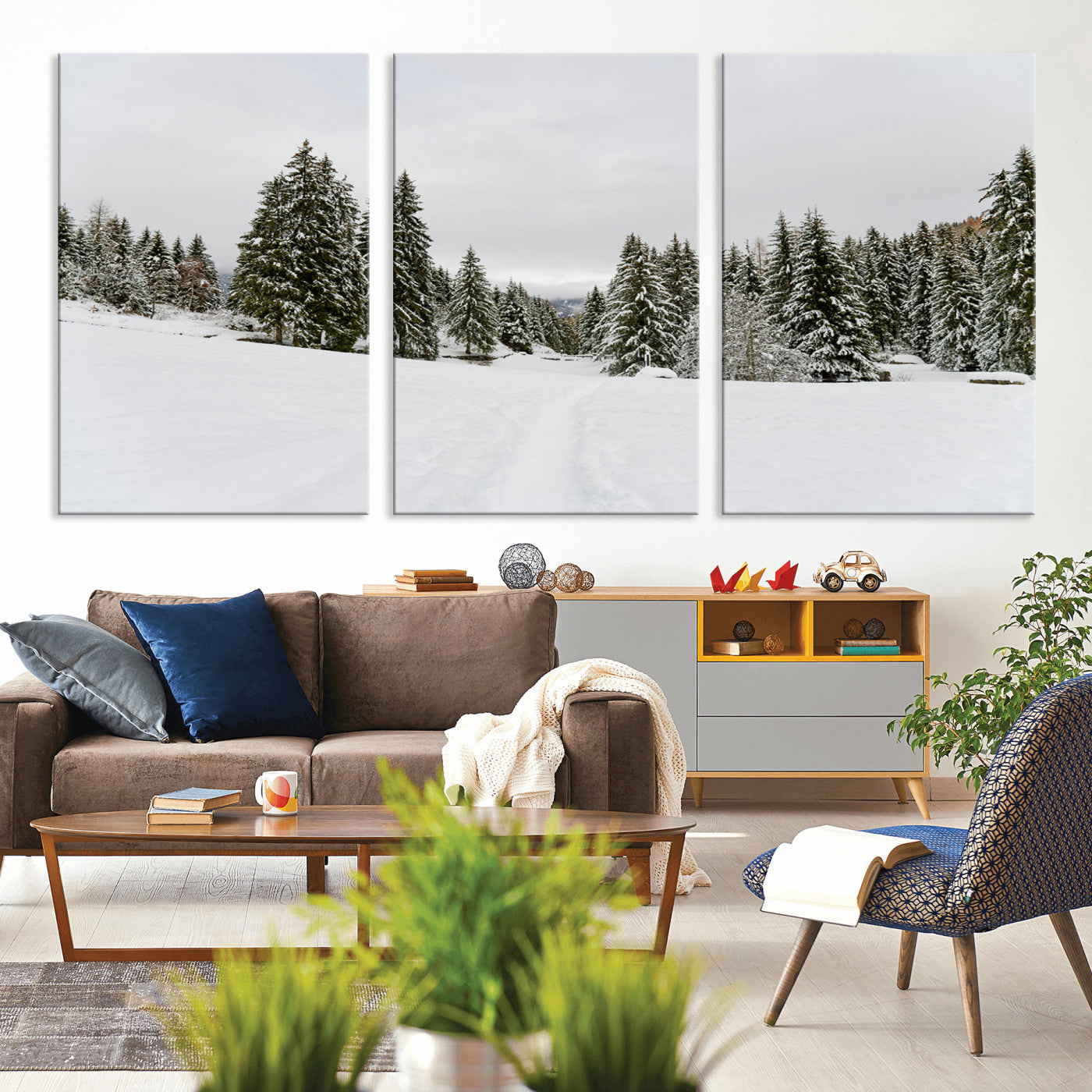 MGV-CV-60X30-3P - Frosty Pines Wall Art Canvas Print, Framed Silent Snowfall Art Picture Print, Cozy Cabin Vibes Perfect Nordic Minimalist Decor Artwork