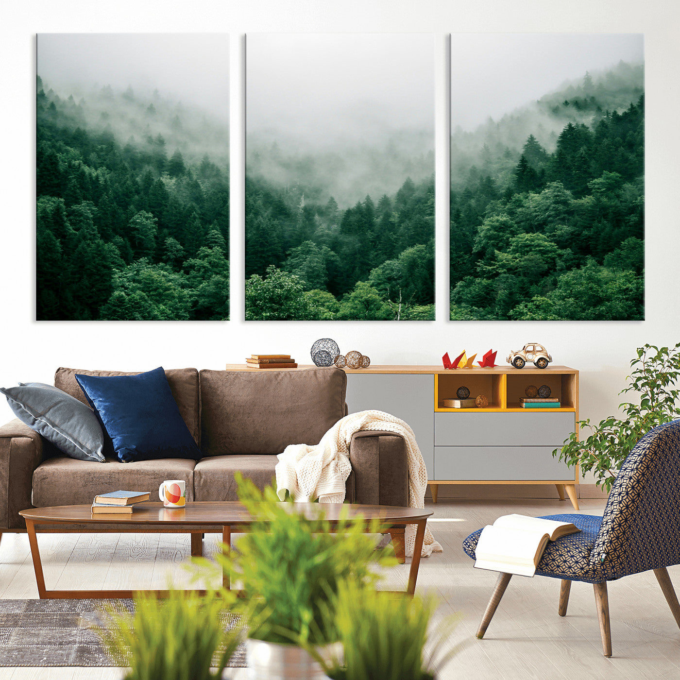 MGV-CV-60X30-3P - Misty Green Forest Canvas Print – Serene Foggy Pine Landscape Wall Art, Tranquil Nature Decor for