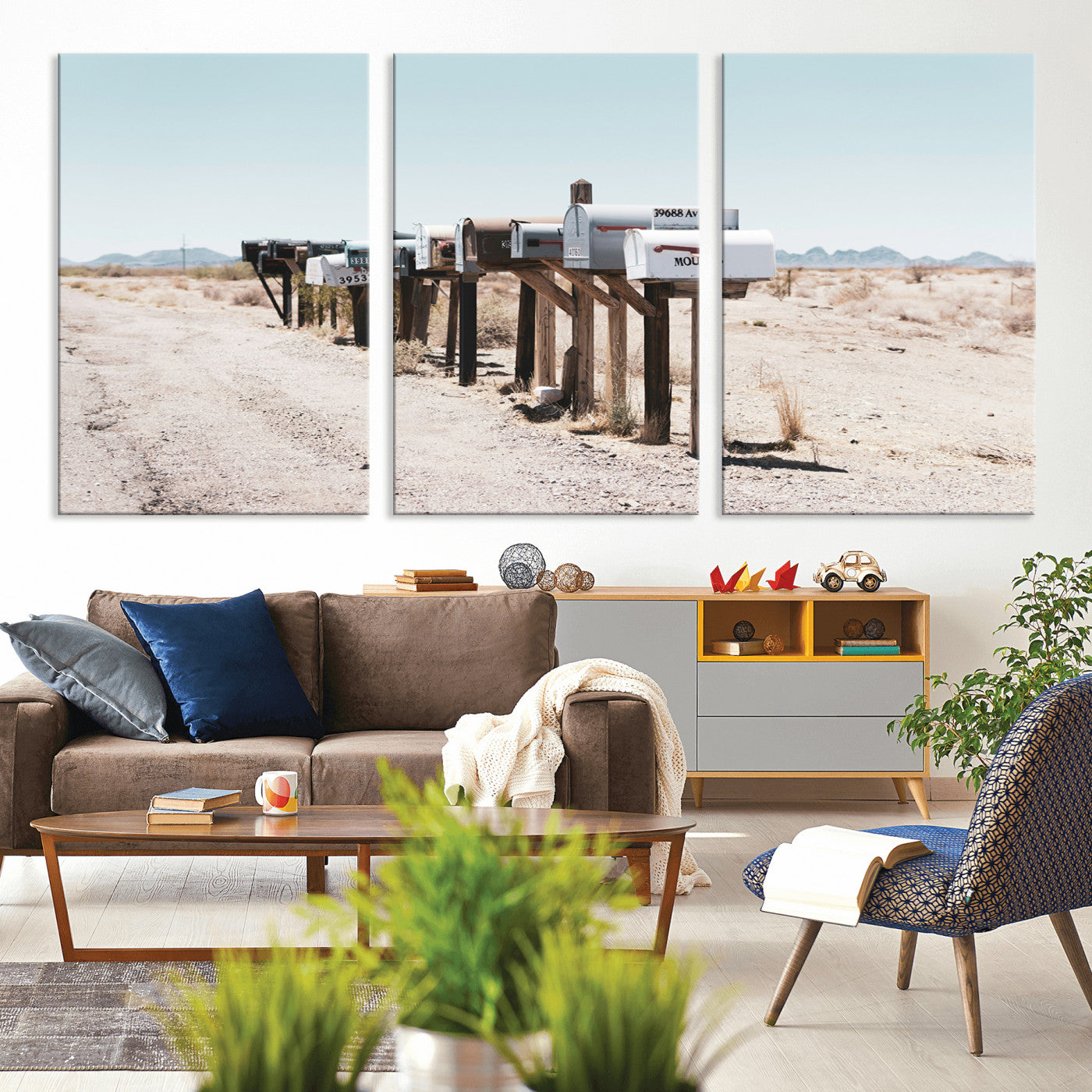 MGV-CV-60X30-3P - Desert Mailboxes Canvas Print – Minimal Western Landscape Photography, Rustic Americana Wall Art for