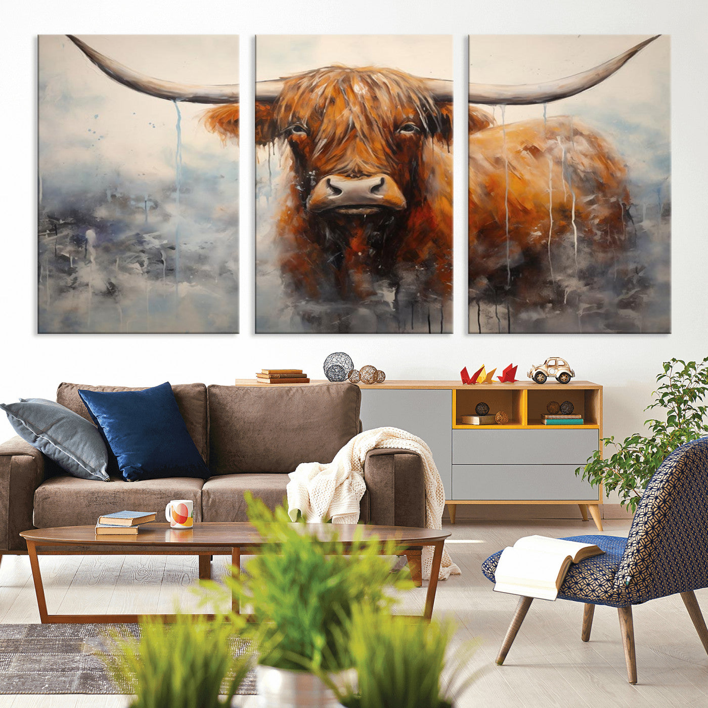 MGV-CV-60X30-3P - Scottish Highland Wall Art Canvas Print, Framed Longhorn Art Picture Print, Western Cow Perfect Farmhouse Decor Artwork