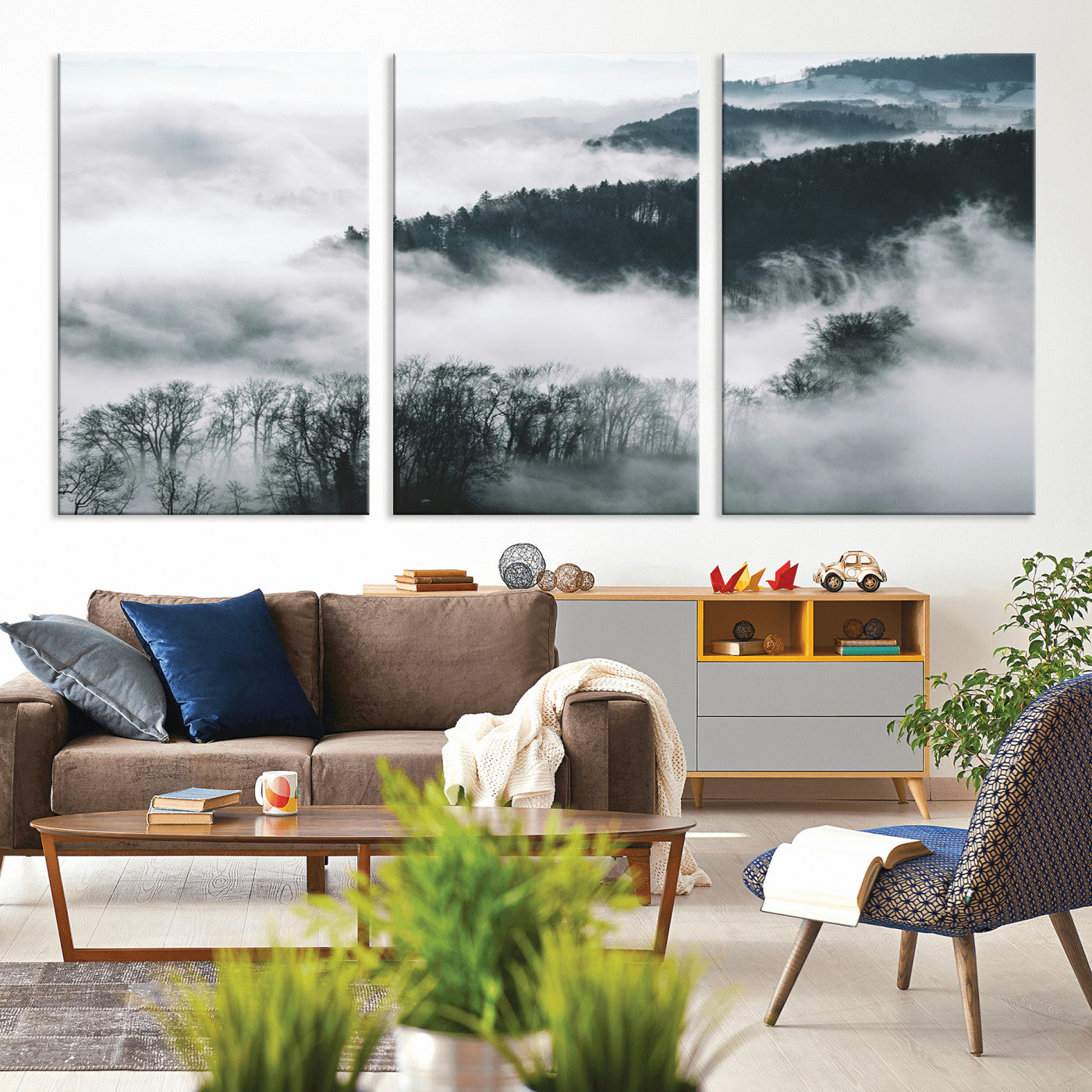 67569654-MGV-CV-36X24-Foggy Forest Landscape Wall Art Canvas Print – Misty Mountain Valley Scene in Monochrome Tones, Perfect for Minimalist or Nordic Home Decor