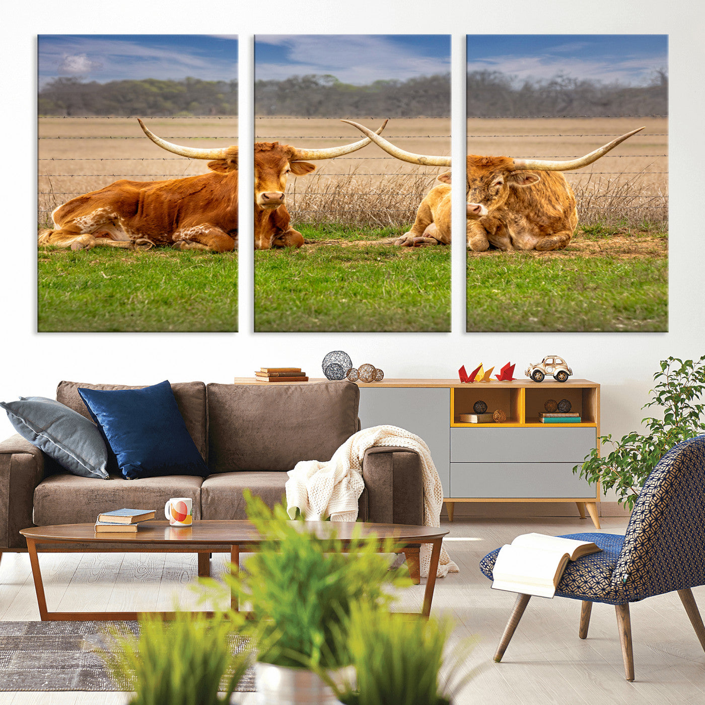 MGV-CV-60X30-3P - Texas Longhorn Pair Wall Art Canvas Print – Peaceful Rustic Ranch Scene with Two Cattle in Field,