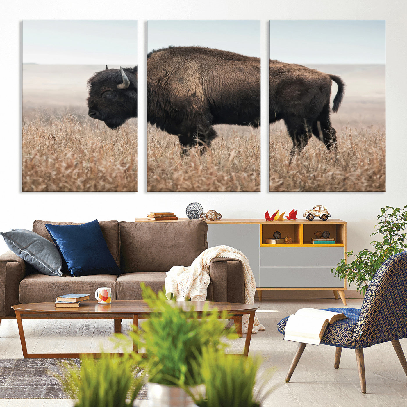 MGV-CV-60X30-3P - American Bison in Field  Wall Art Canvas Print – Powerful Winter Wildlife Scene with Buffalo in