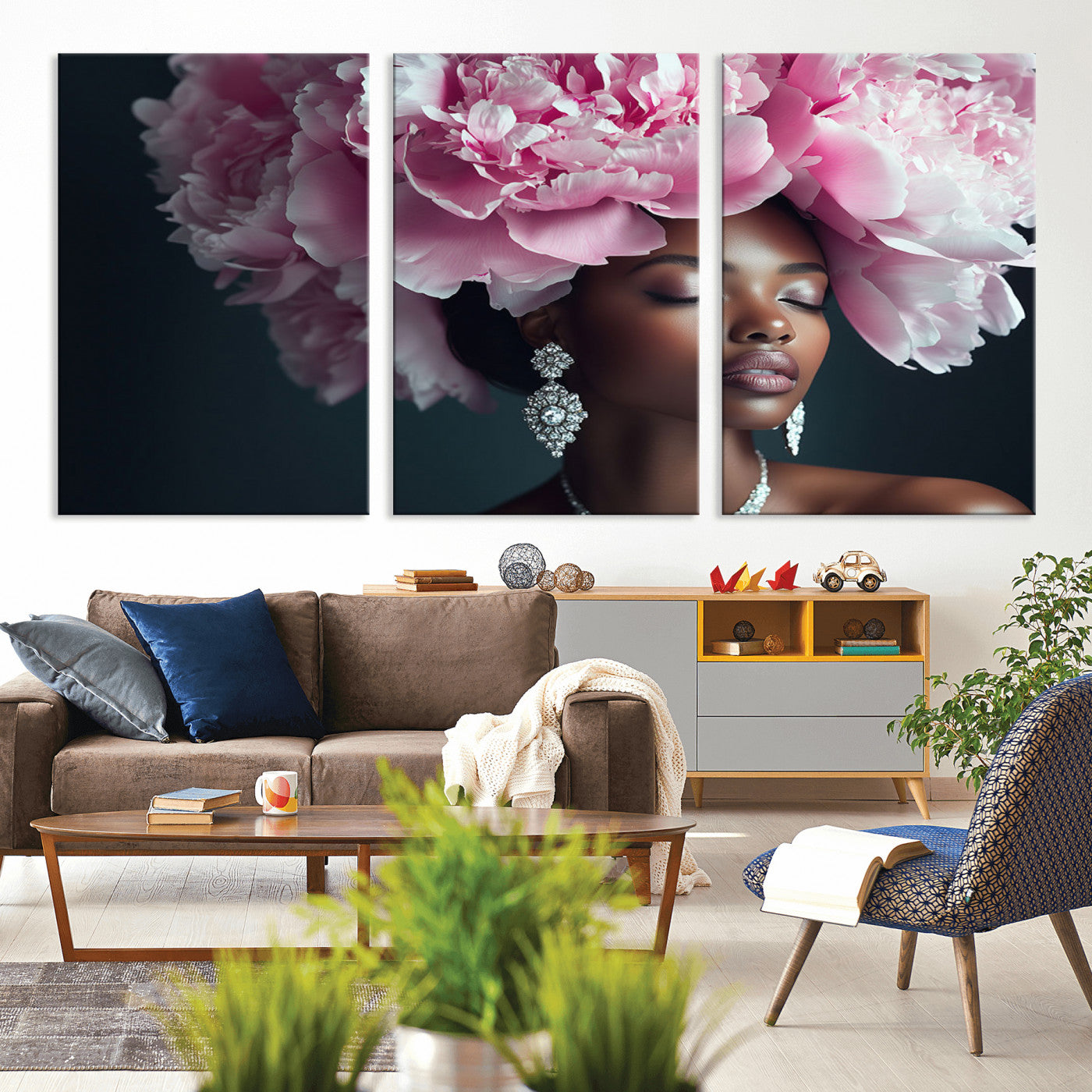 MGV-CV-60X30-3P - Black Beauty Petal Crown Wall Art Print Floral Petal Headpiece, Petal-Inspired Art, Floral Crown