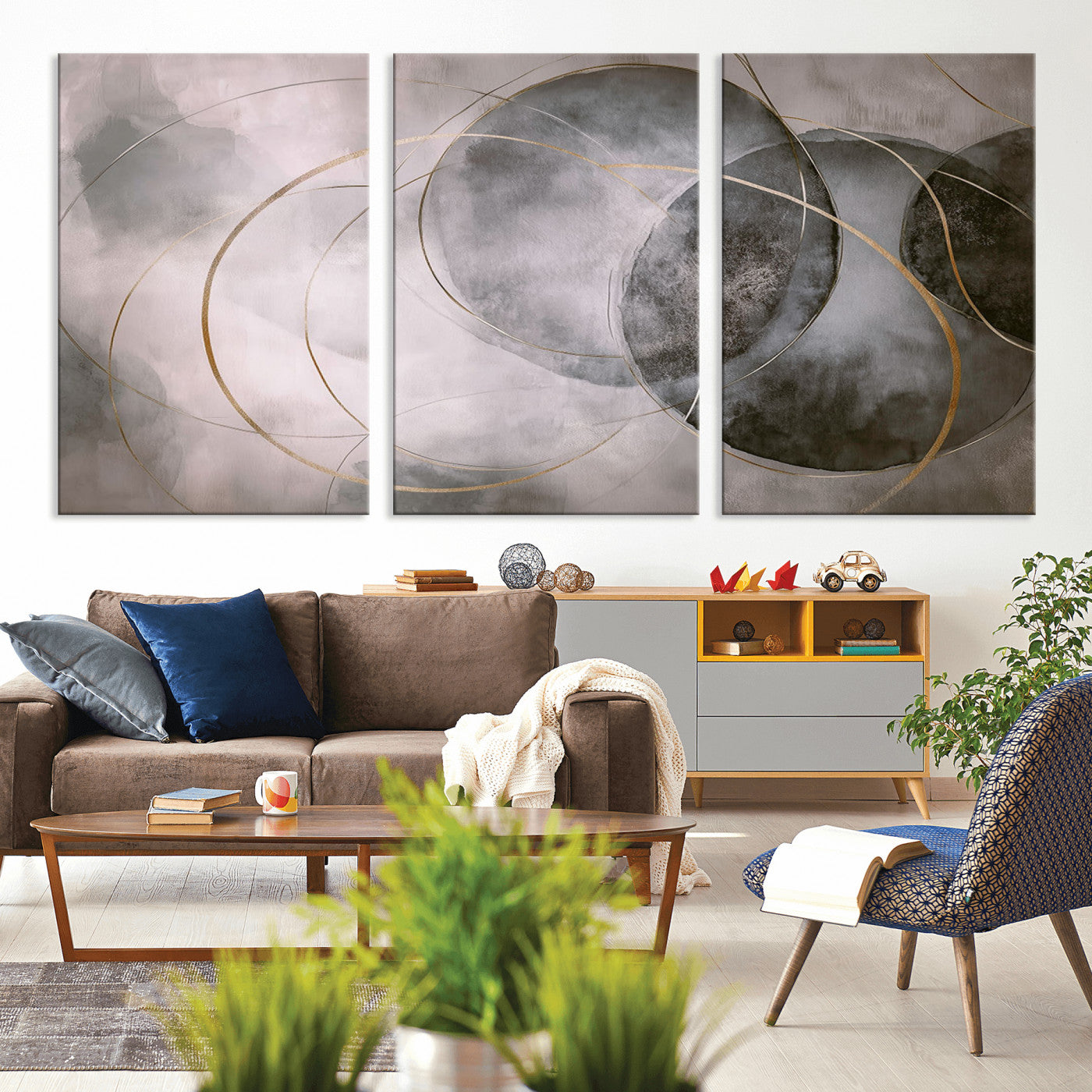 MGV-CV-60X30-3P - Wall Art Canvas Print Abstract Gray Black Gold Circles Soft Texture Modern Minimalist Artistic Home Decor Contemporary Elegant Stylish Unique