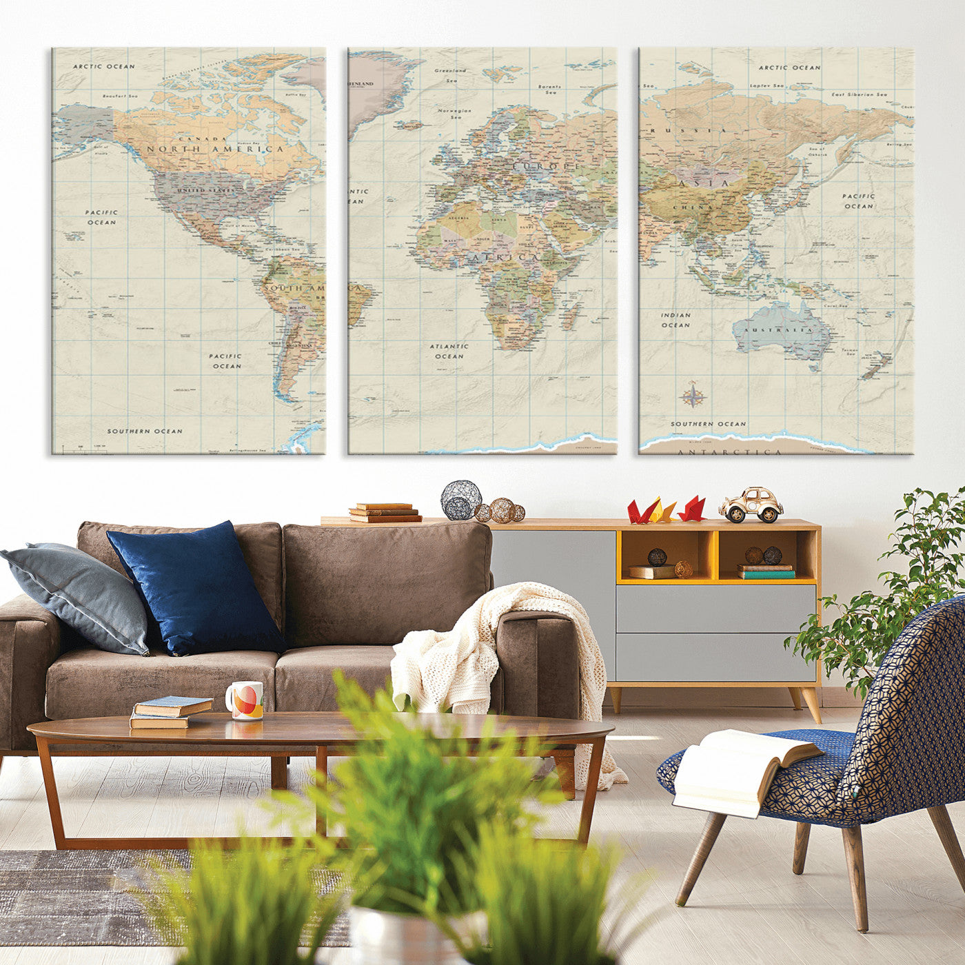 A detailed vintage-style political world map displaying continents, countries, and oceans with clear borders and labels, set on a beige textured background with grid lines.