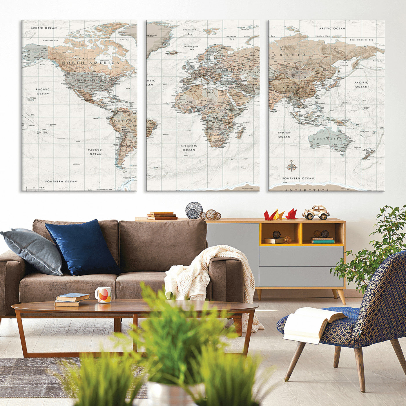 Vintage world map with detailed country borders and labels, featuring soft earthy tones of beige, brown, and gray on a textured parchment background, including oceans, continents, and major cities.