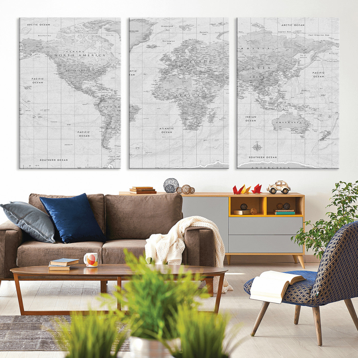 Grayscale vintage world map with detailed country borders, oceans, continents, and major cities on a textured parchment background.
