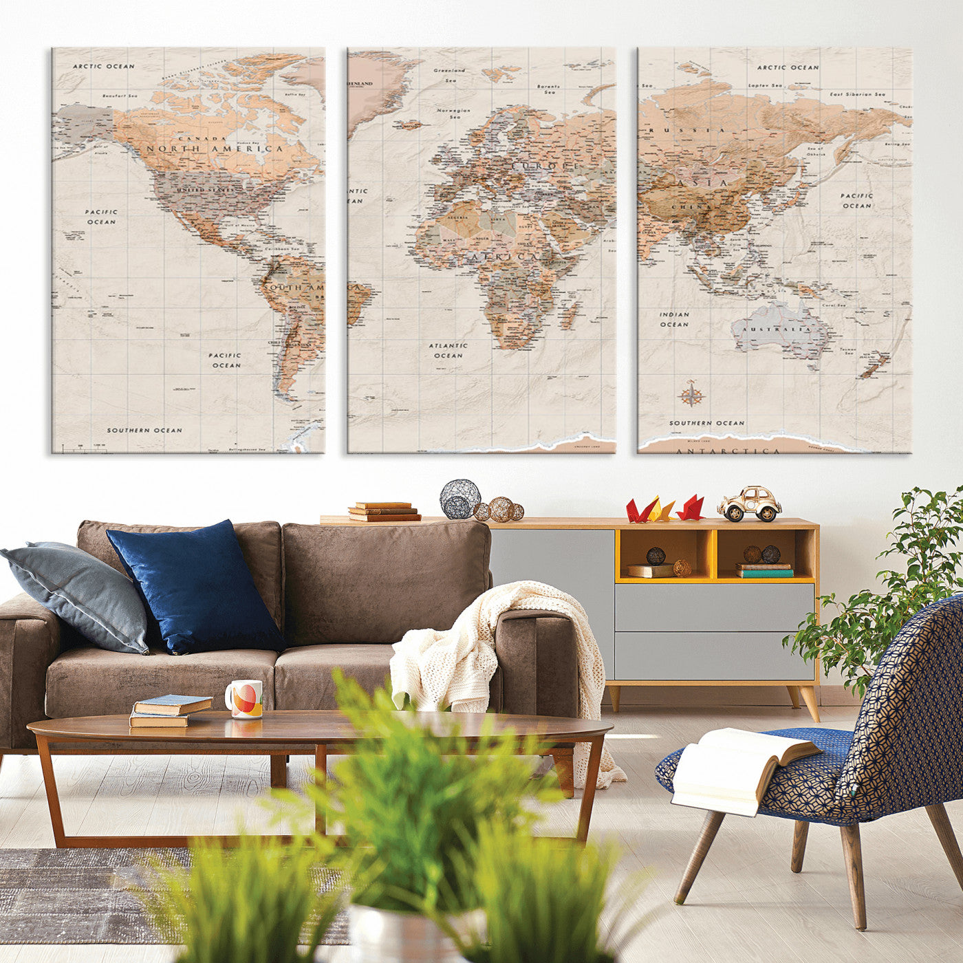 Detailed vintage world map with warm earth tones showing country borders, oceans, continents, and major cities, styled with a textured parchment background.