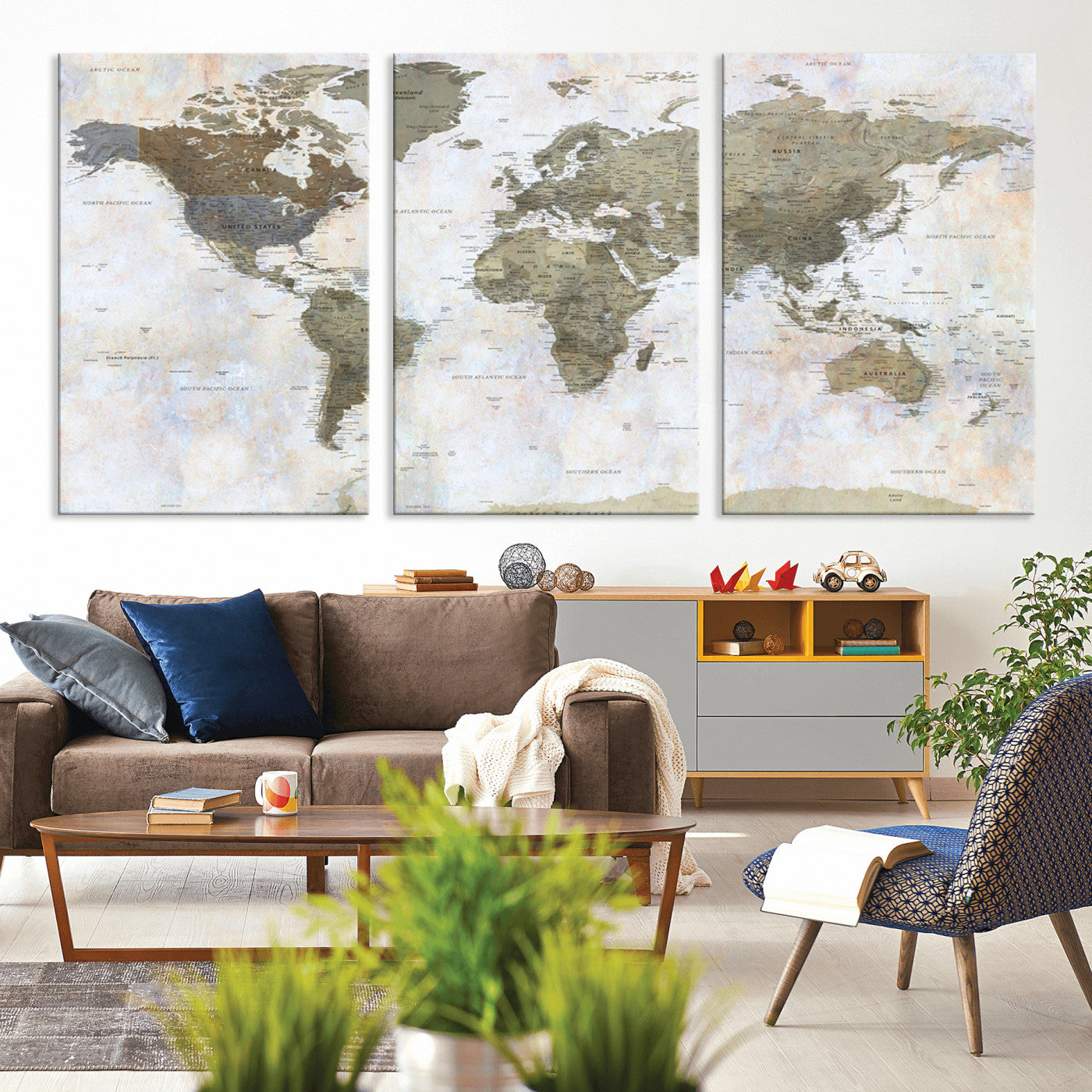 World map printed on a textured canvas with soft muted earth tones and a weathered background, showing detailed countries and continents, perfect for vintage-style wall art.