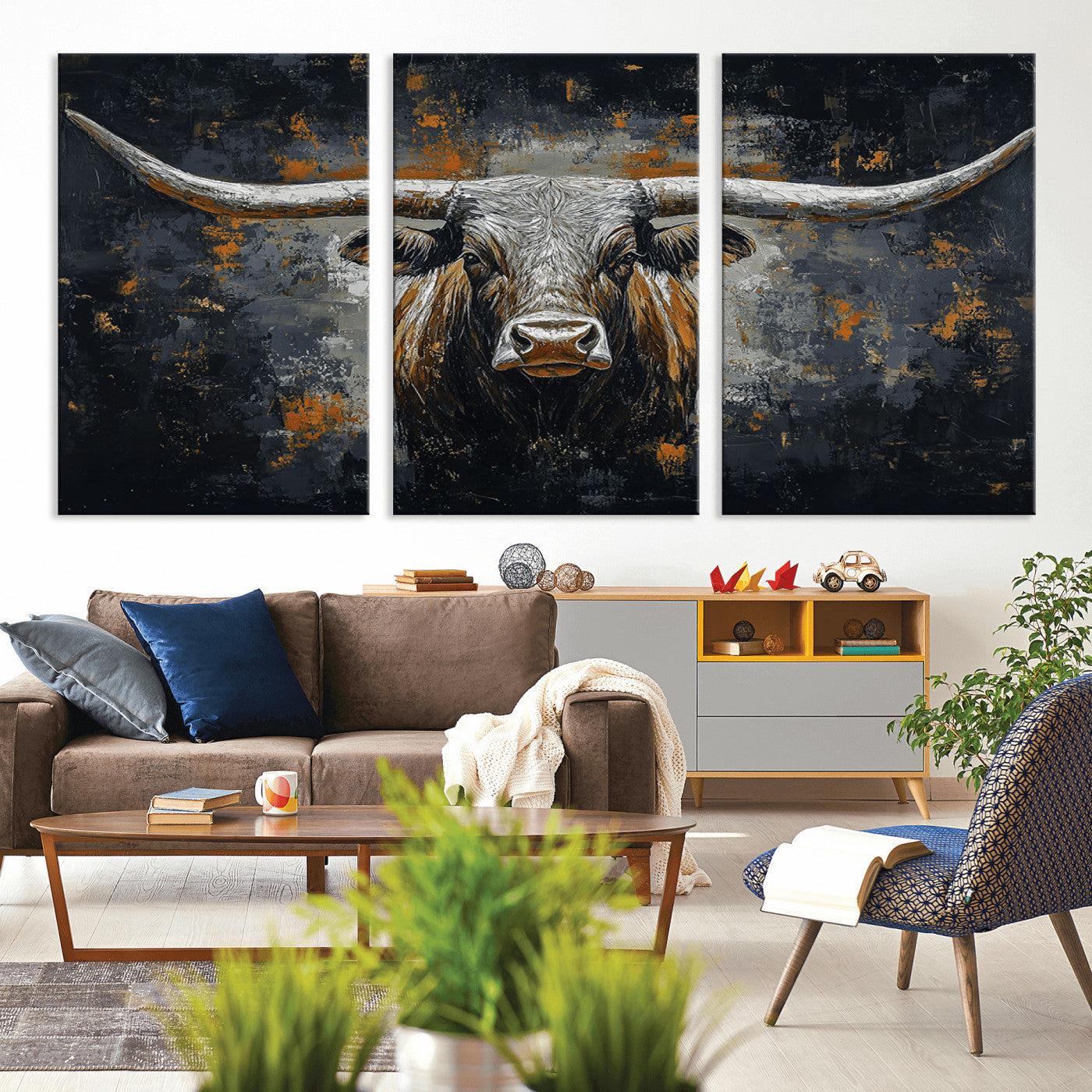 93195031-MGV-CV-36X24-Rustic Longhorn Bull Wall Art Canvas Print – Vintage Western Cattle Painting, Texas Steer Artwork for Ranch, Farmhouse or Cowboy Decor