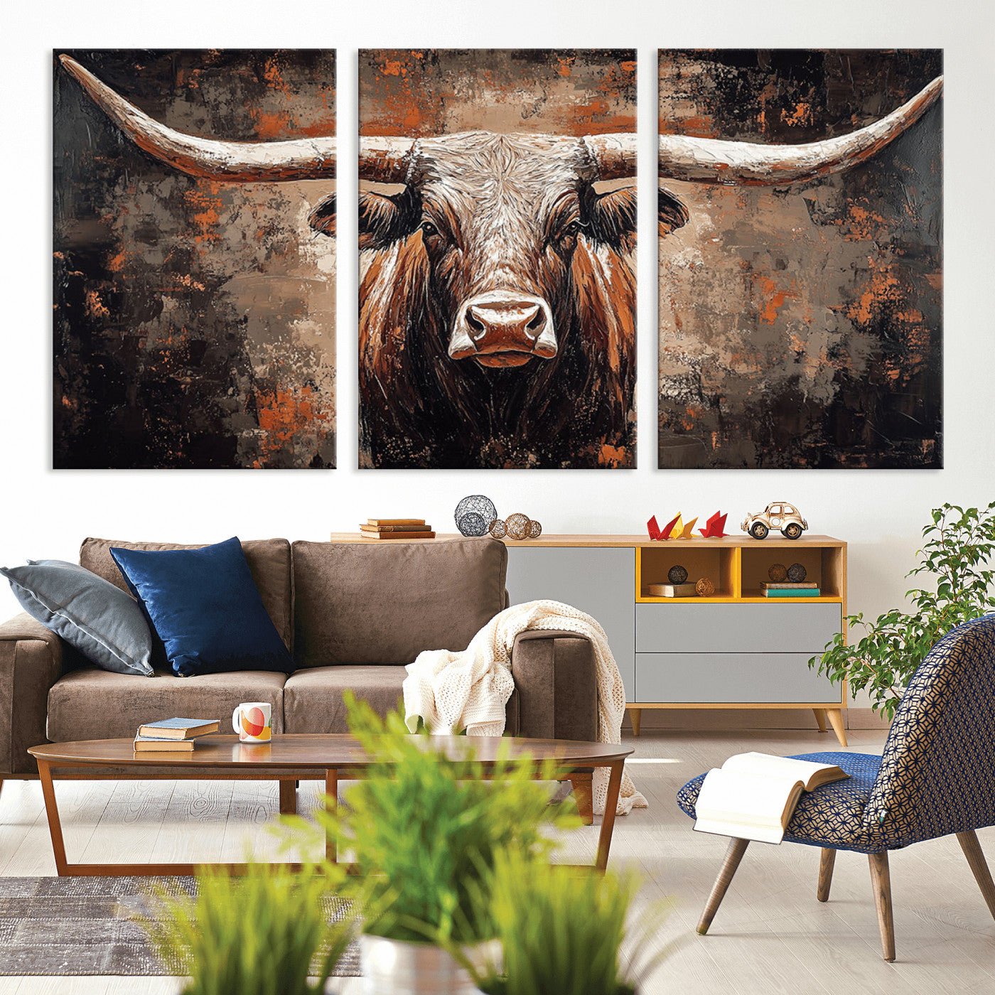 42732393-MGV-CV-36X24-Rustic Longhorn Bull Wall Art Canvas Print – Vintage Western Cattle Painting, Texas Steer Artwork for Ranch, Farmhouse or Cowboy Decor