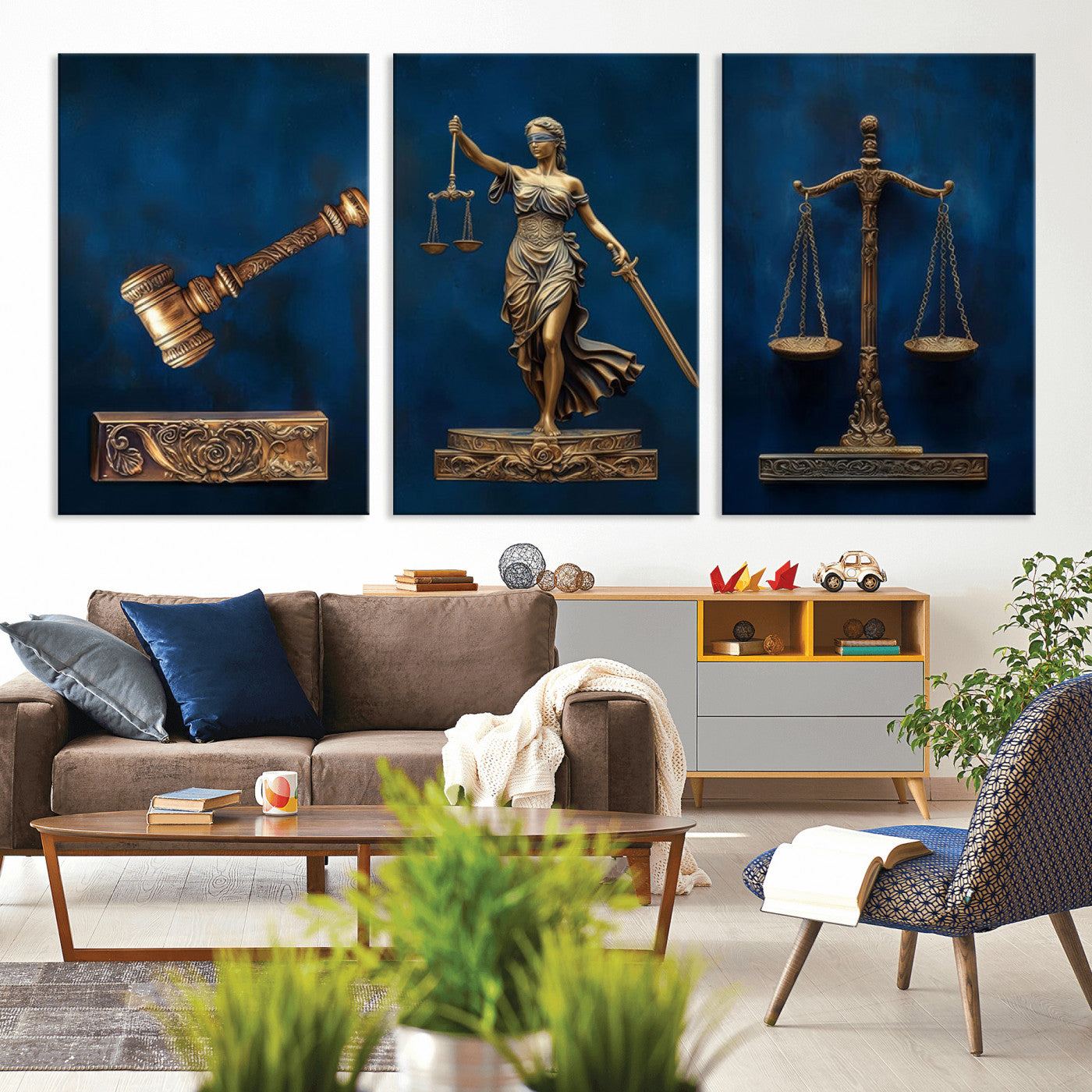 MGV-CV-60X30-3P - Lady Justice Wall Art Canvas Print – Elegant Gold Legal Symbols on Blue Background, Perfect for Law