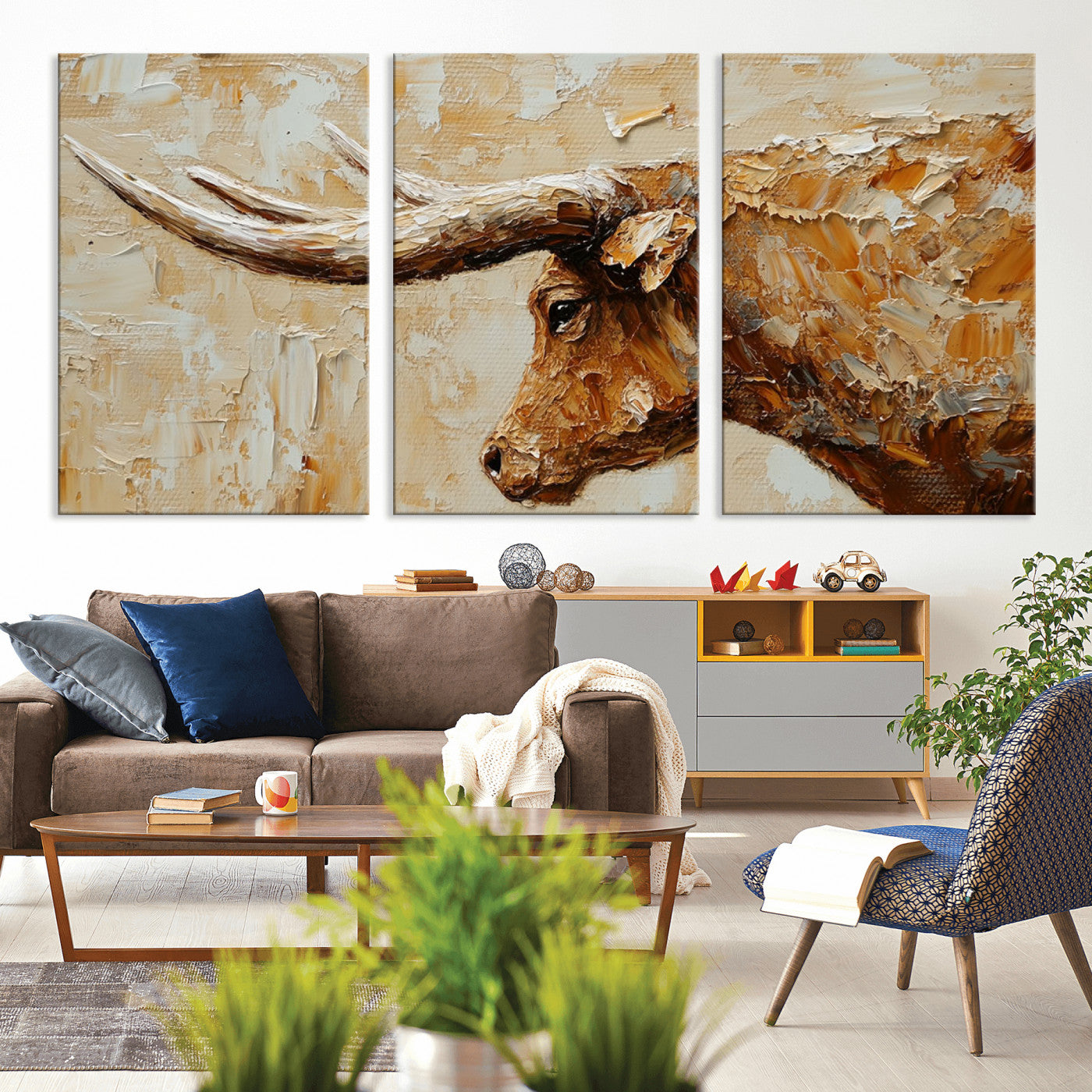 Rustic Longhorn Bull Wall Art Canvas Print – Vintage Western Cattle Painting, Texas Steer Artwork for Ranch, Farmhouse or Cowboy Decor