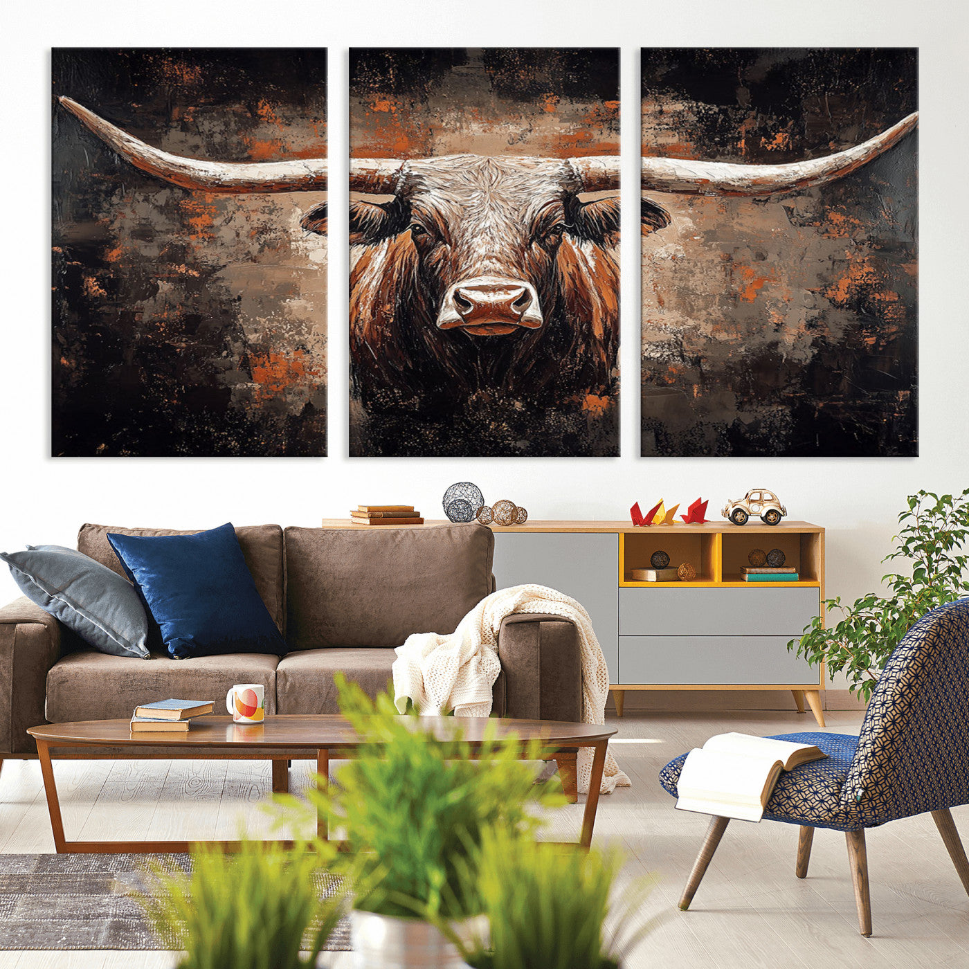 Rustic Longhorn Bull Wall Art Canvas Print – Vintage Western Cattle Painting, Texas Steer Artwork for Ranch, Farmhouse or Cowboy Decor