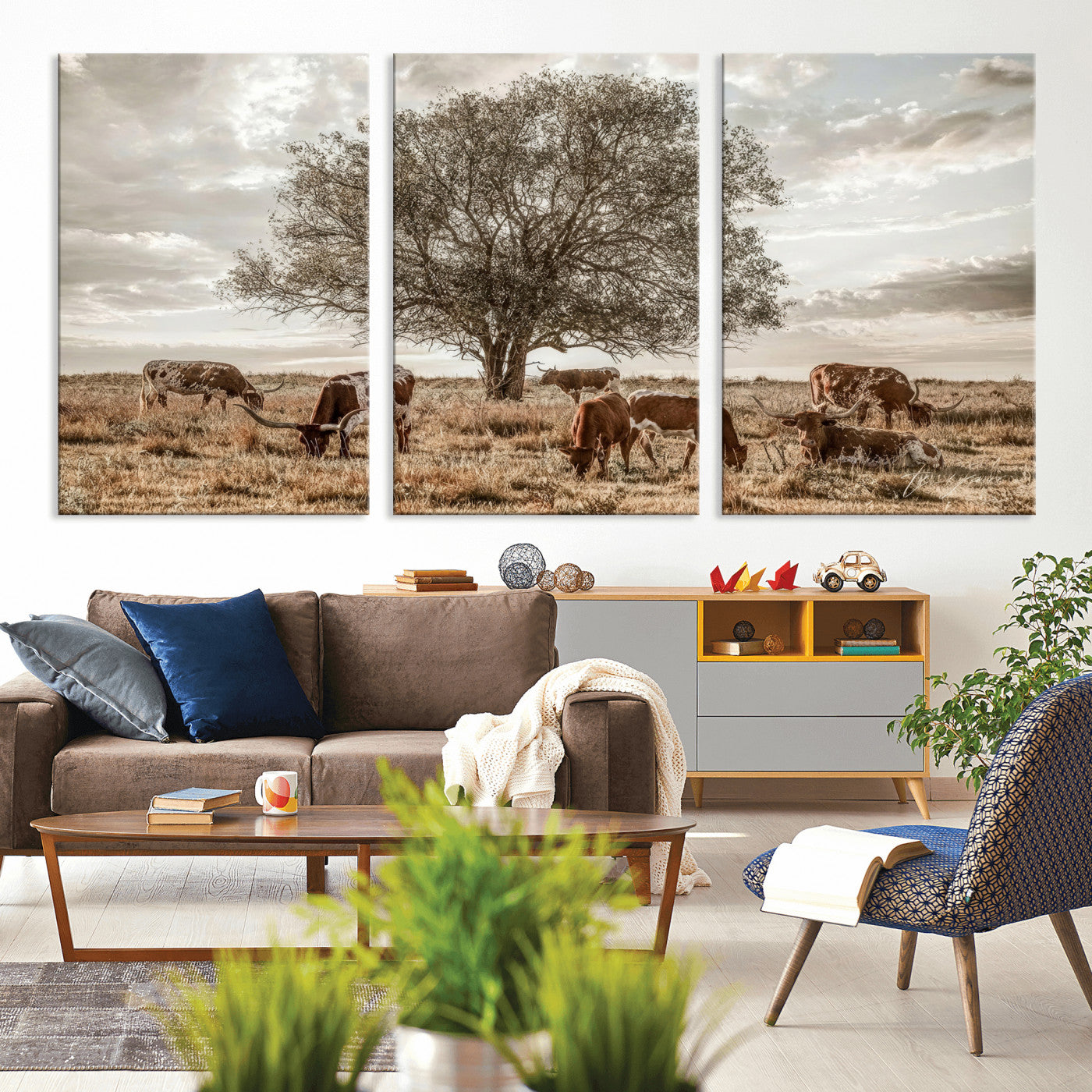 87590224-MGV-CV-36X24 - Texas Longhorn Cattle Wall Art Canvas Print – Rustic Western Ranch Scene with Steers at Sunset, Perfect for Farmhouse or Cowboy Decor