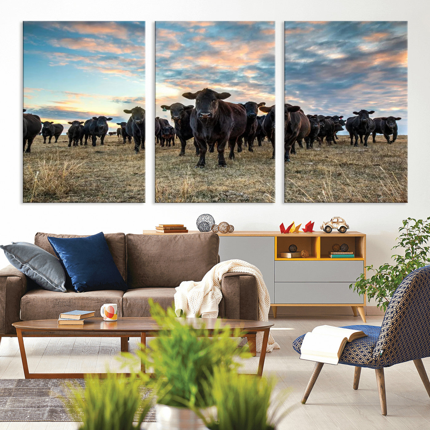 MGV-CV-60X30-3P - Texas Longhorn Cattle Wall Art Canvas Print – Rustic Western Ranch Scene with Steers at Sunset,