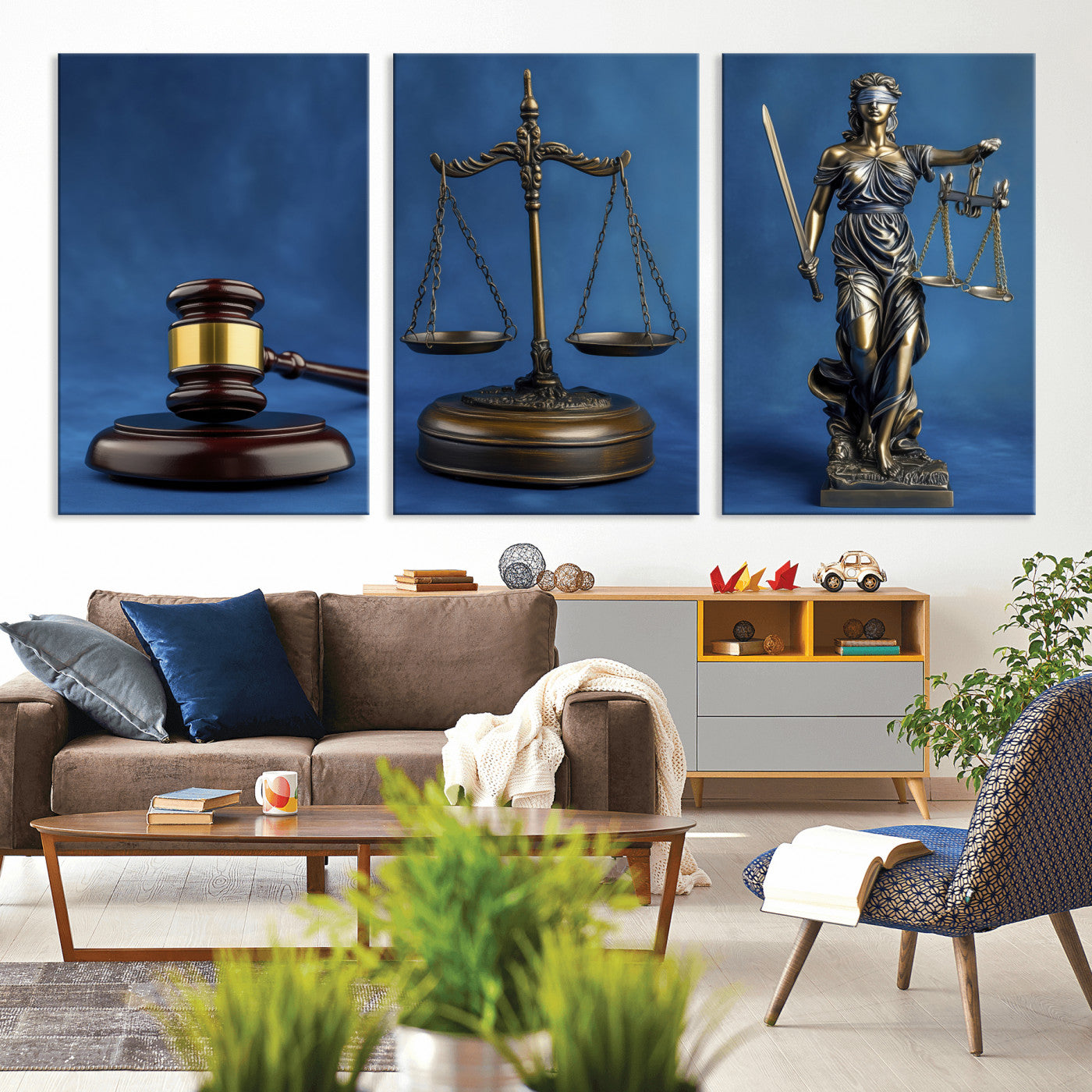 27565987-MGV-CV-60X30-3P - Legal Justice Wall Art Canvas – Gavel, Scales & Lady Justice with Courtroom Canvas Print for Law Office or Lawyer Gifts