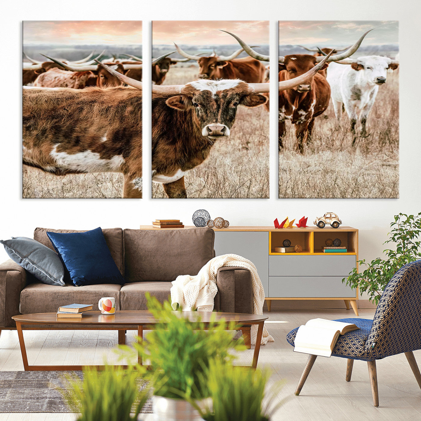 MGV-CV-60X30-3P - Texas Longhorn Cattle Wall Art Canvas Print – Rustic Western Ranch Scene with Steers at Sunset,