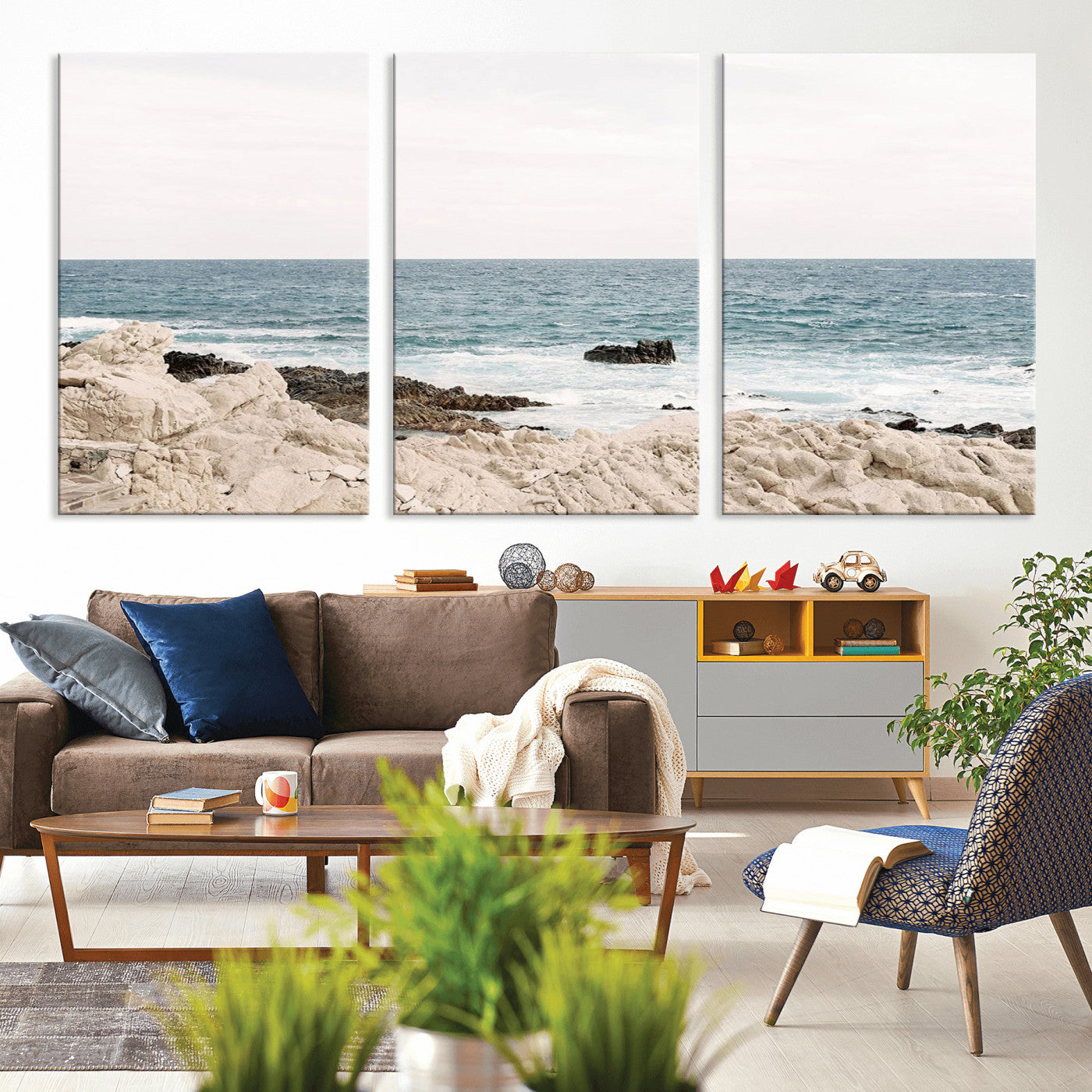 25481980-MGV-CV-36X24-Coastal Ocean View Wall Art Canvas Print – Serene Rocky Shoreline and Blue Sea Photography for Coastal Chic or Minimalist Home Decor
