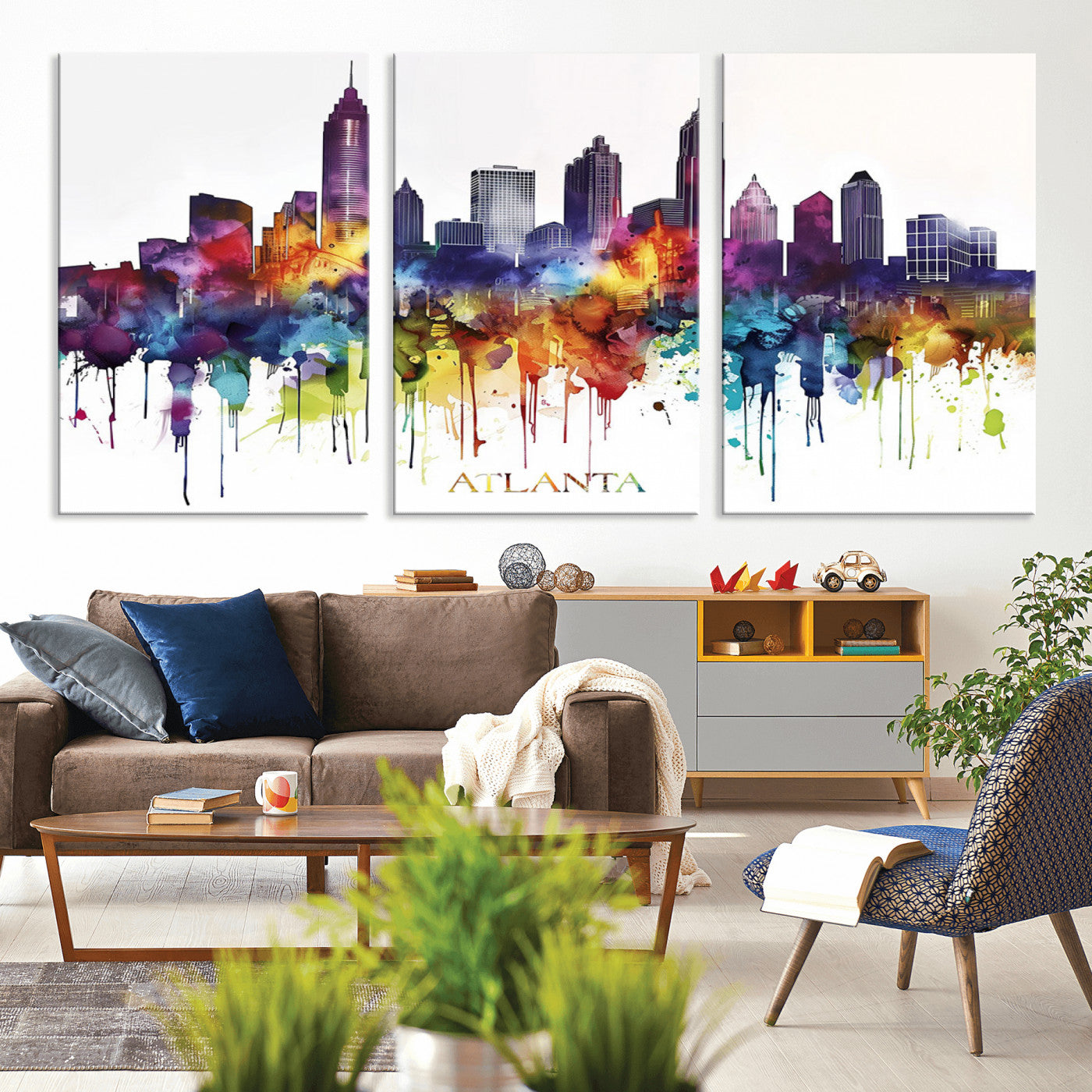 MGV-CV-60X30-3P - Atlanta Skyline Wall Art Print - Colorful Cityscape Watercolor Canvas - Abstract Urban Wall Decor -