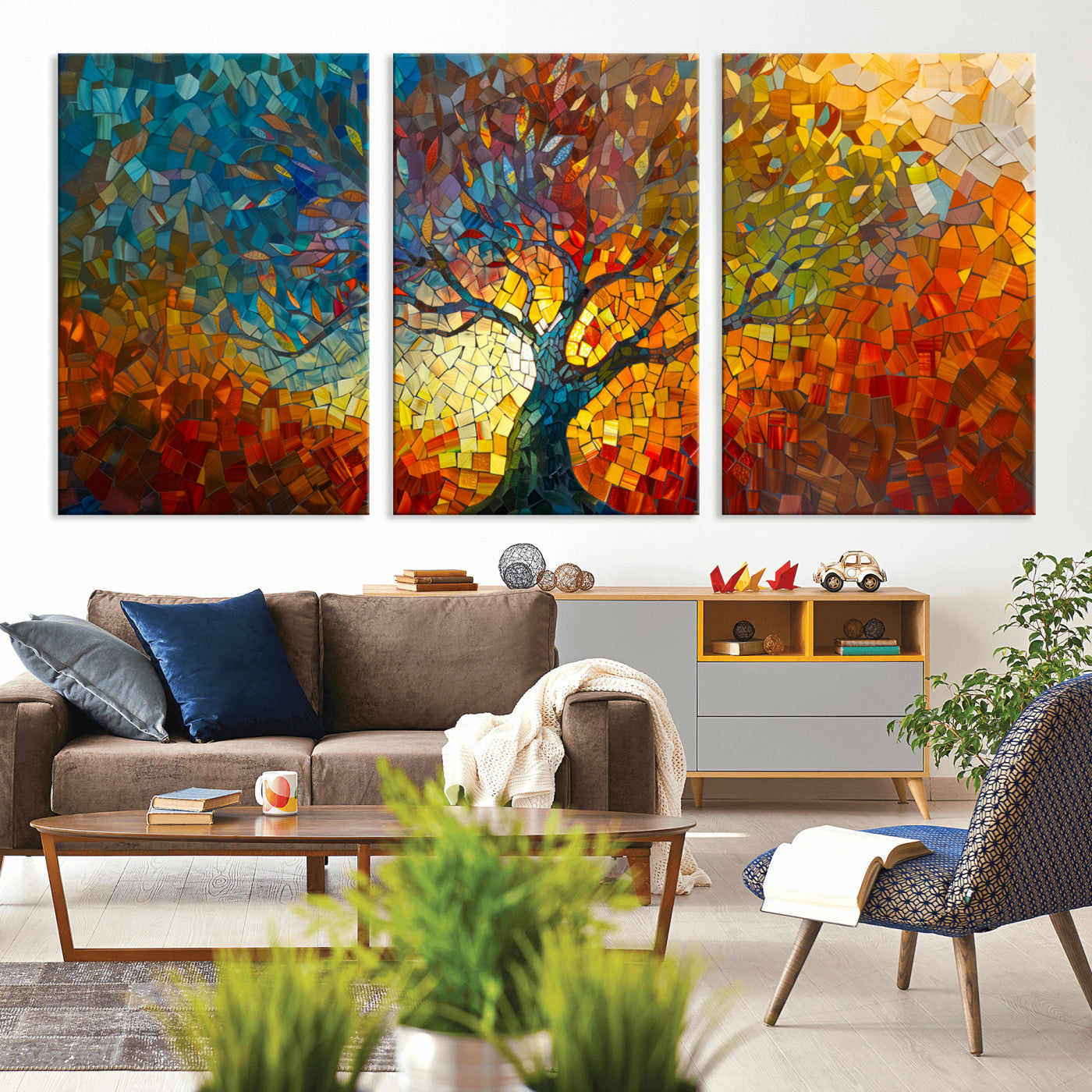 MGV-CV-60X30-3P - Mosaic Tree Canvas Wall Art – Vibrant Abstract Nature Design, Colorful Decor for Living Room, Bedroom, or Creative Spaces